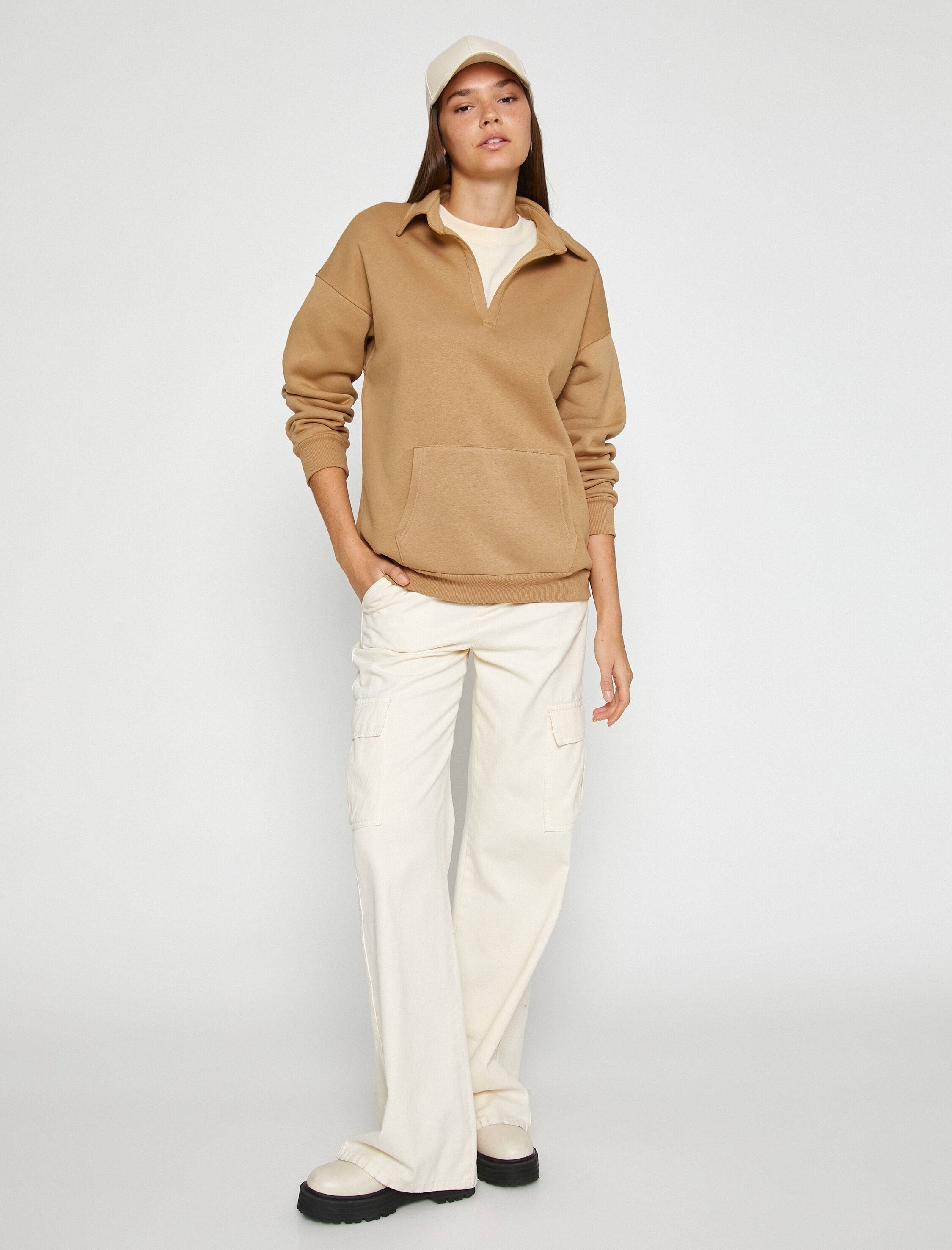   Polo Yaka Sweatshirt Oversize Kanguru Cepli İçi Polarlı