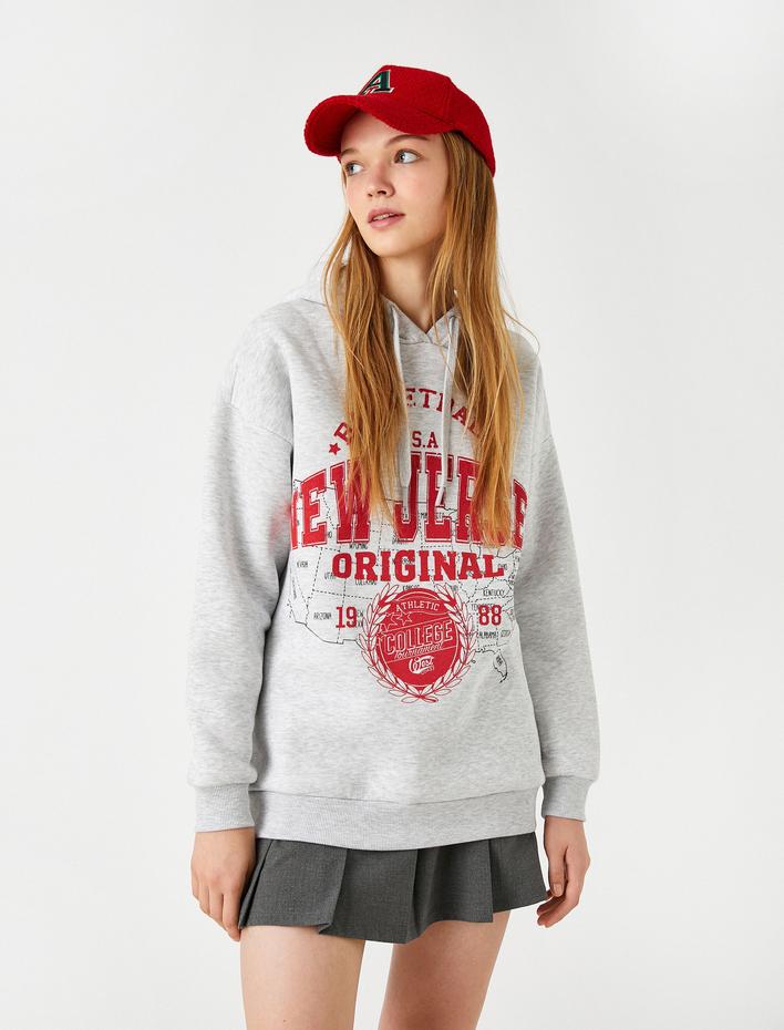  Oversize Baskılı Kapüşonlu Kolej Sweatshirt İçi Polarlı