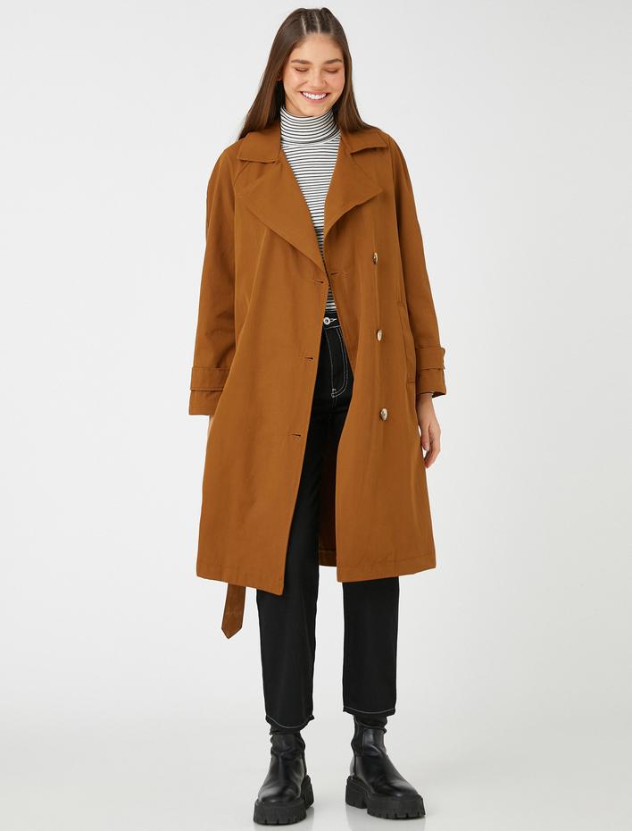  Midi Trençkot Beli Kuşaklı Düğme Detaylı