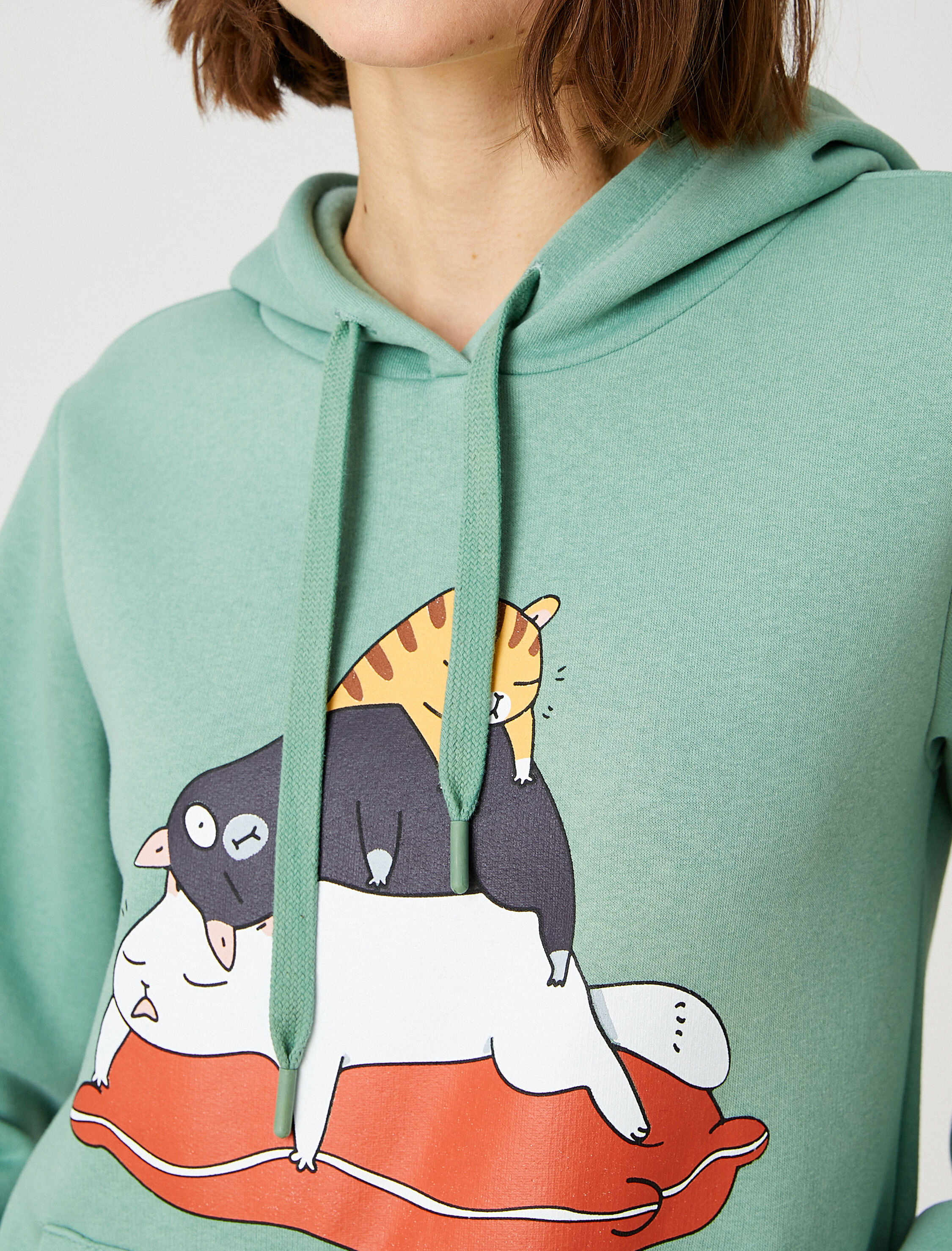   Baskılı Sweatshirt Kapüşonlu Cepli İçi Polarlı