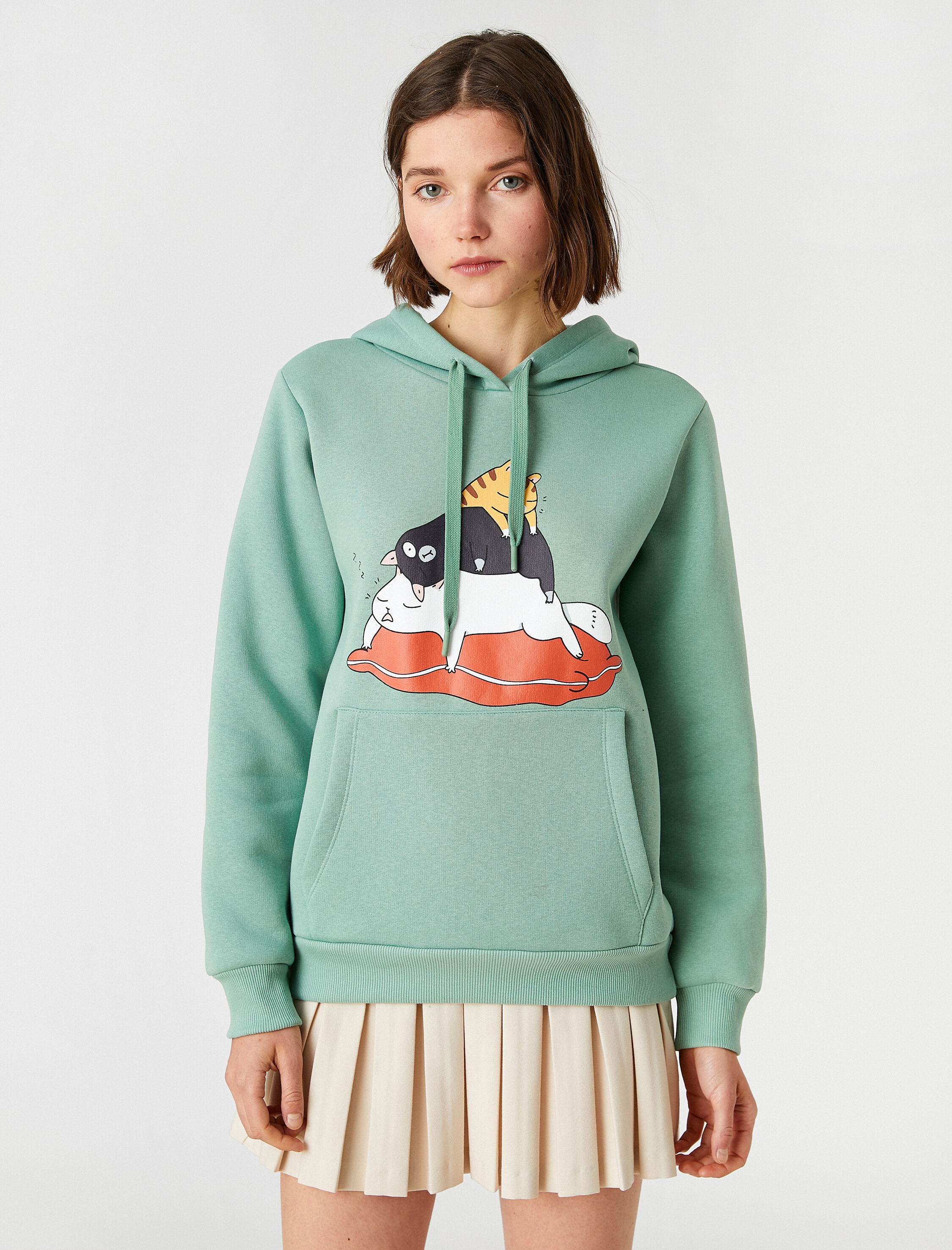   Baskılı Sweatshirt Kapüşonlu Cepli İçi Polarlı