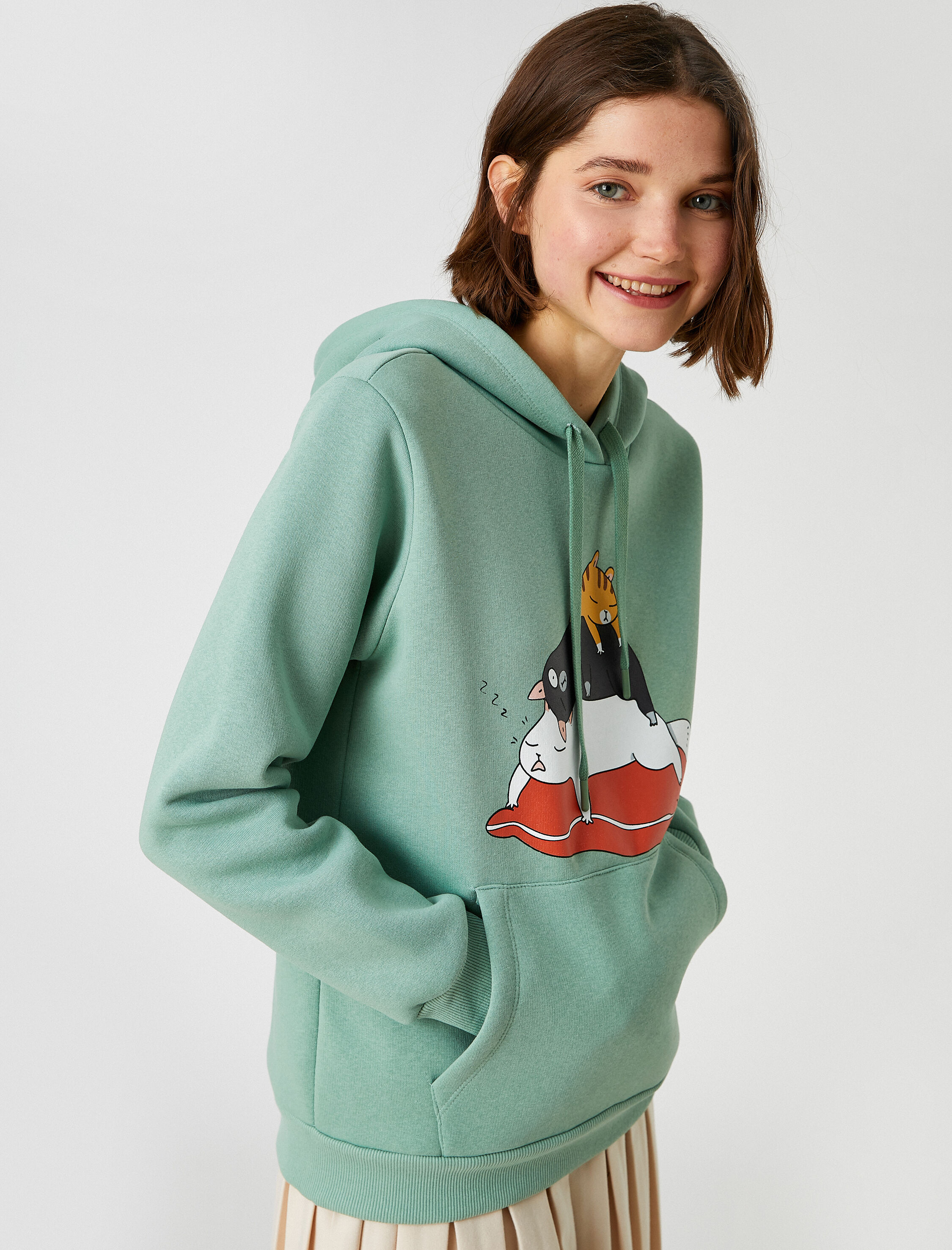   Baskılı Sweatshirt Kapüşonlu Cepli İçi Polarlı