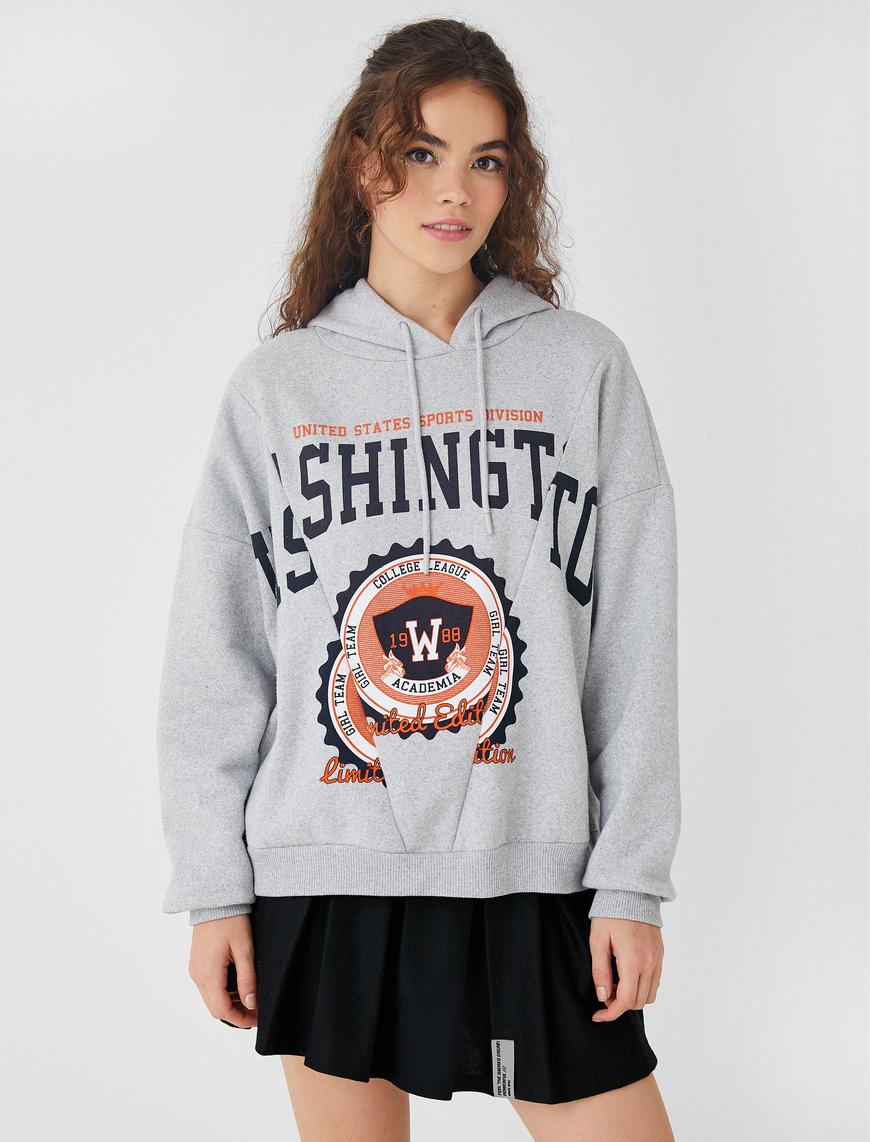   Oversize Sweatshirt Baskılı Kapüşonlu İçi Polarlı