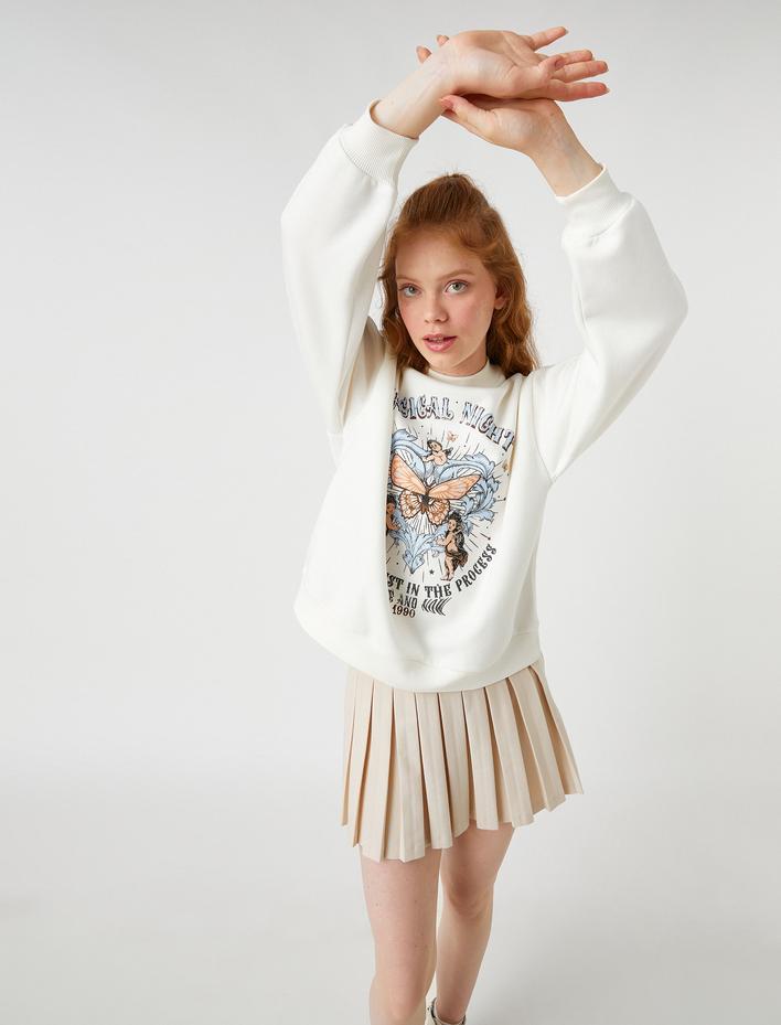  Bisiklet Yaka Sweatshirt Baskılı İçi Polarlı