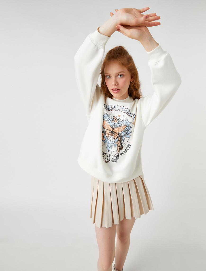   Bisiklet Yaka Sweatshirt Baskılı İçi Polarlı