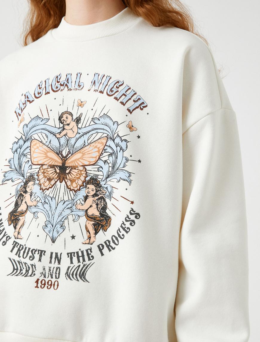   Bisiklet Yaka Sweatshirt Baskılı İçi Polarlı