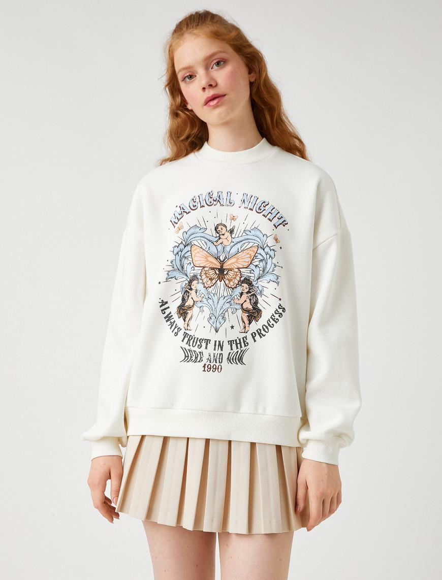   Bisiklet Yaka Sweatshirt Baskılı İçi Polarlı