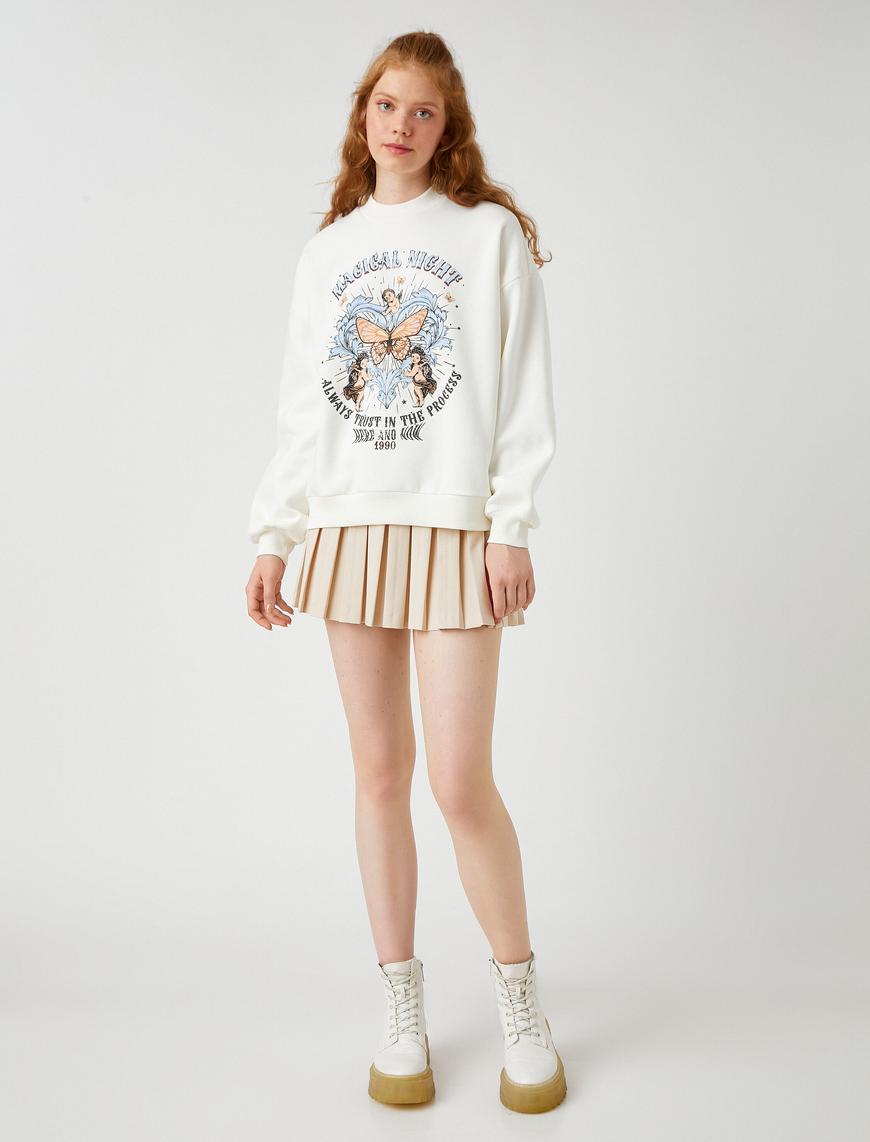   Bisiklet Yaka Sweatshirt Baskılı İçi Polarlı