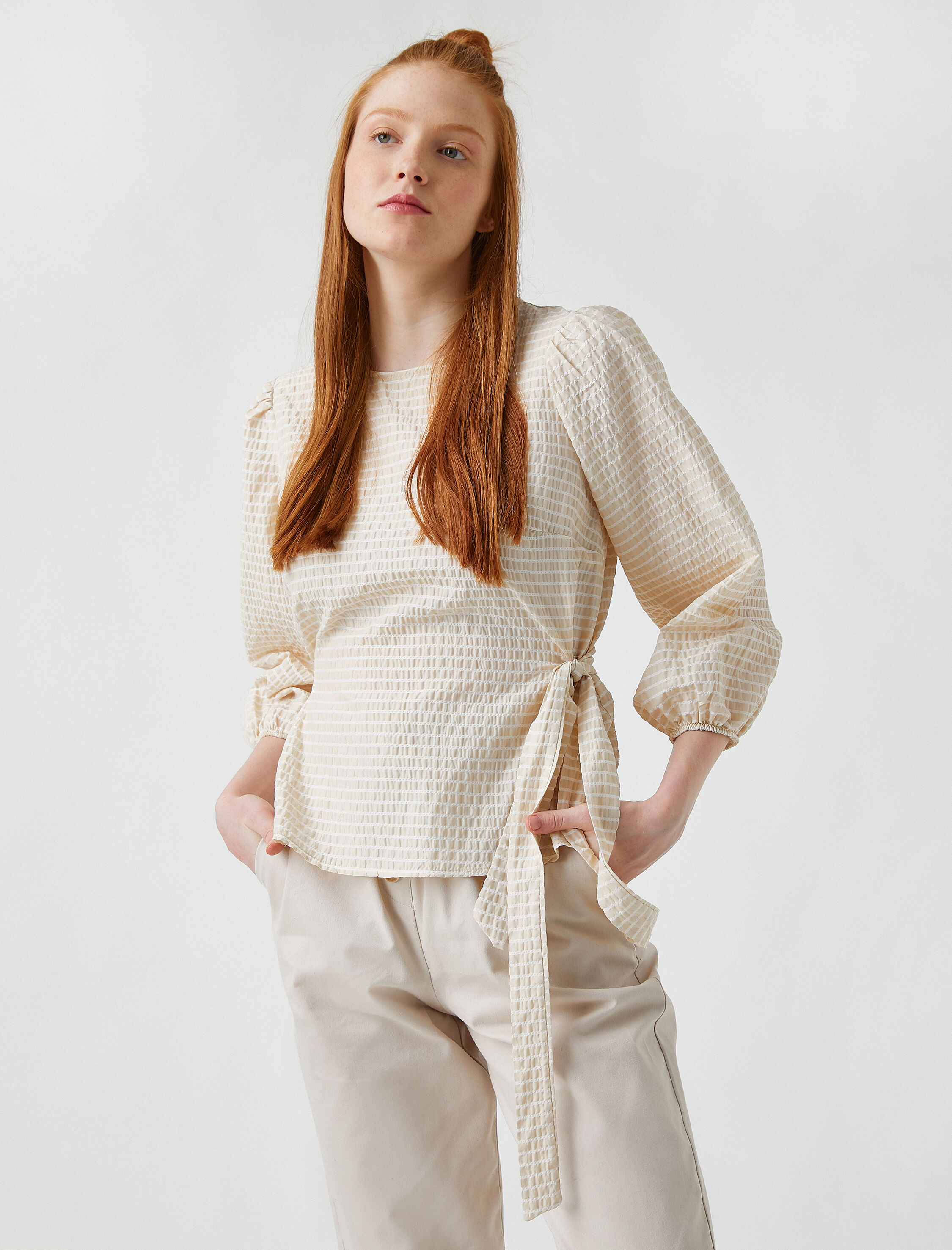   Balon Kollu Çizgili Bluz