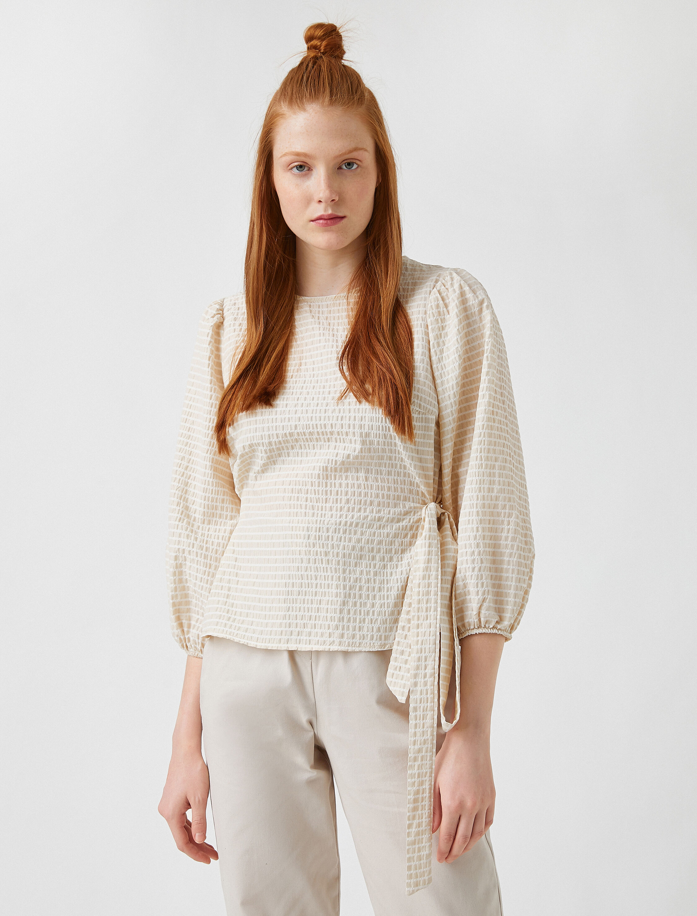   Balon Kollu Çizgili Bluz