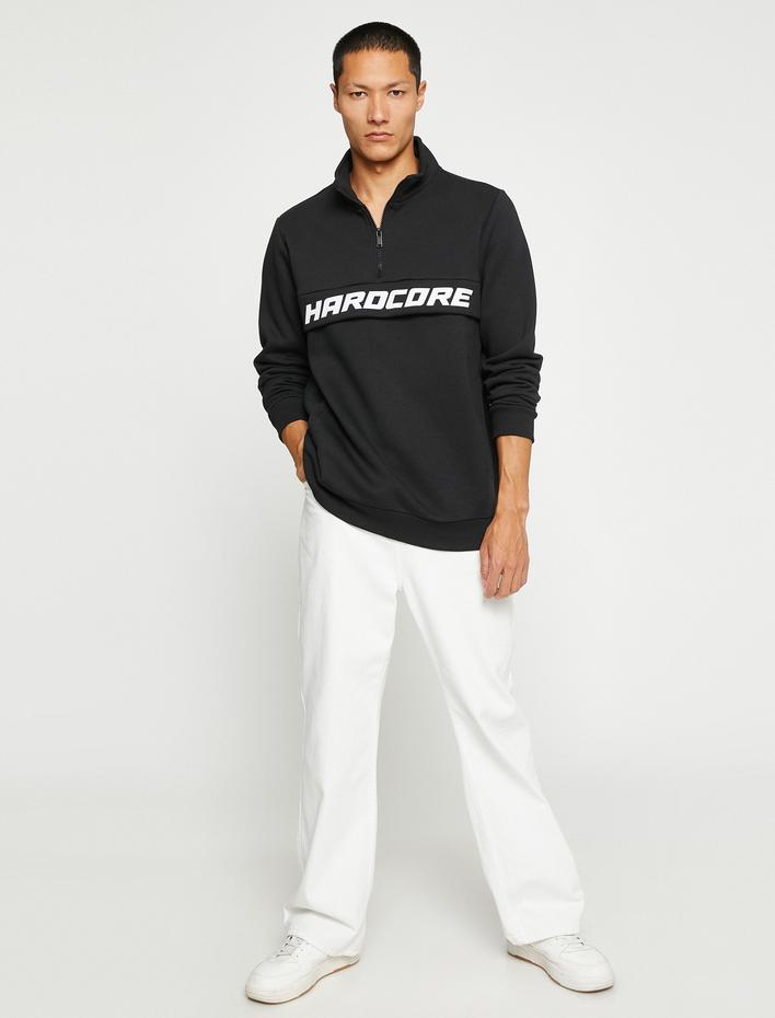  Basic Sweatshirt Dik Yaka Fermuarlı Slogan Baskılı Cep Detaylı