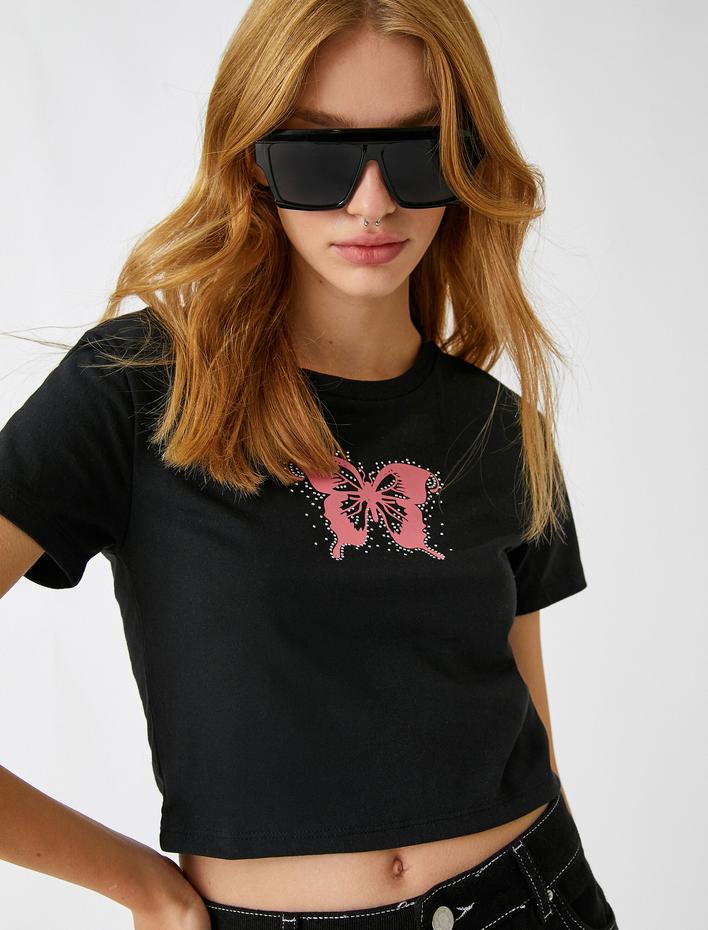  Crop Tişört Baskılı Kısa Kollu