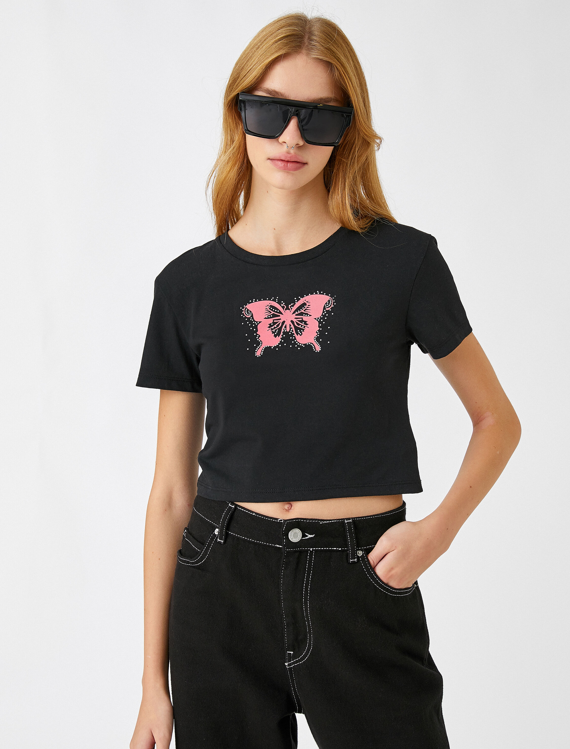   Crop Tişört Baskılı Kısa Kollu