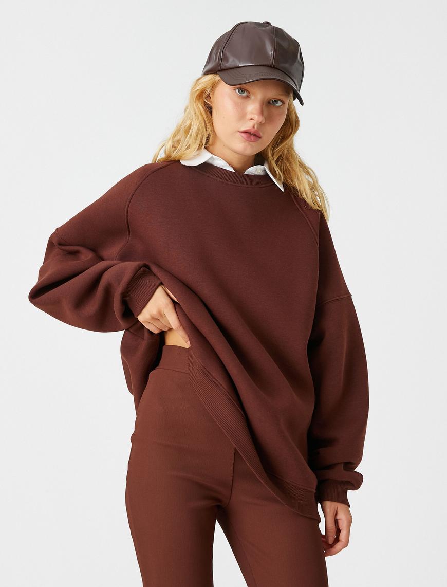   Oversize Bisiklet Yaka Sweatshirt İçi Polarlı