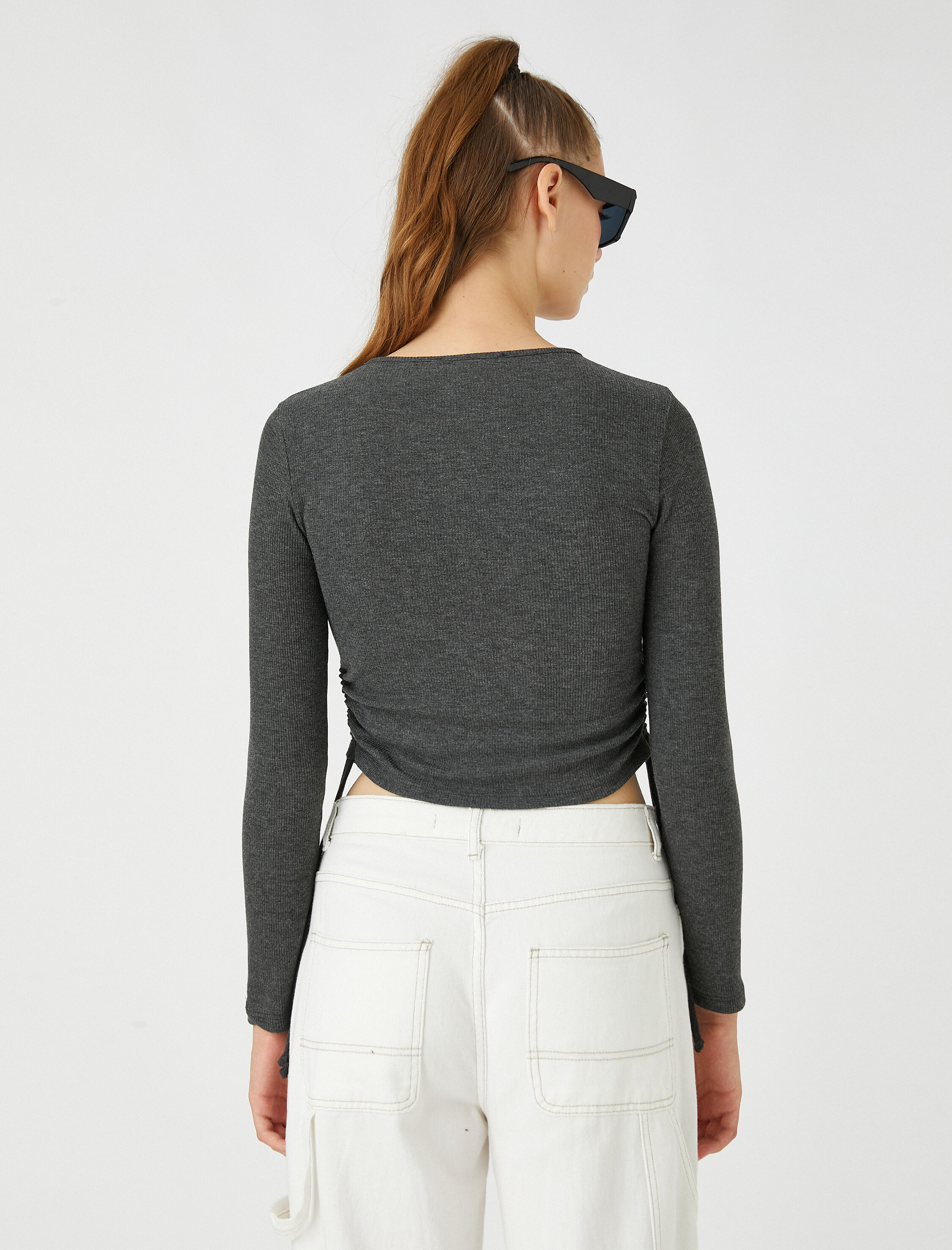   Uzun Kollu Tişört Crop Büzgülü