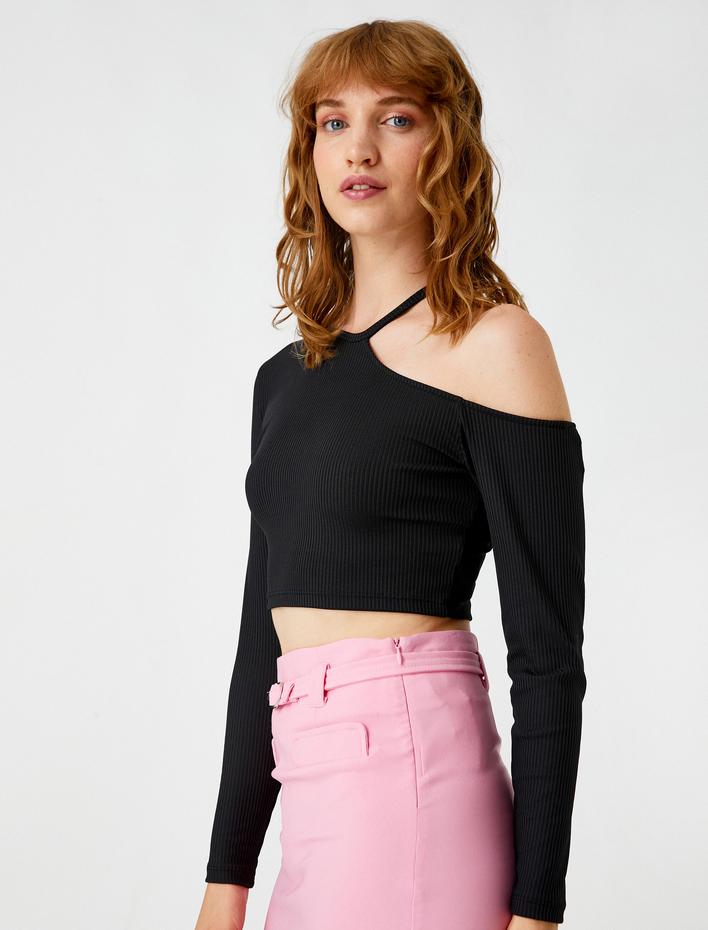  Crop Tişört Uzun Kollu Pencere Detaylı