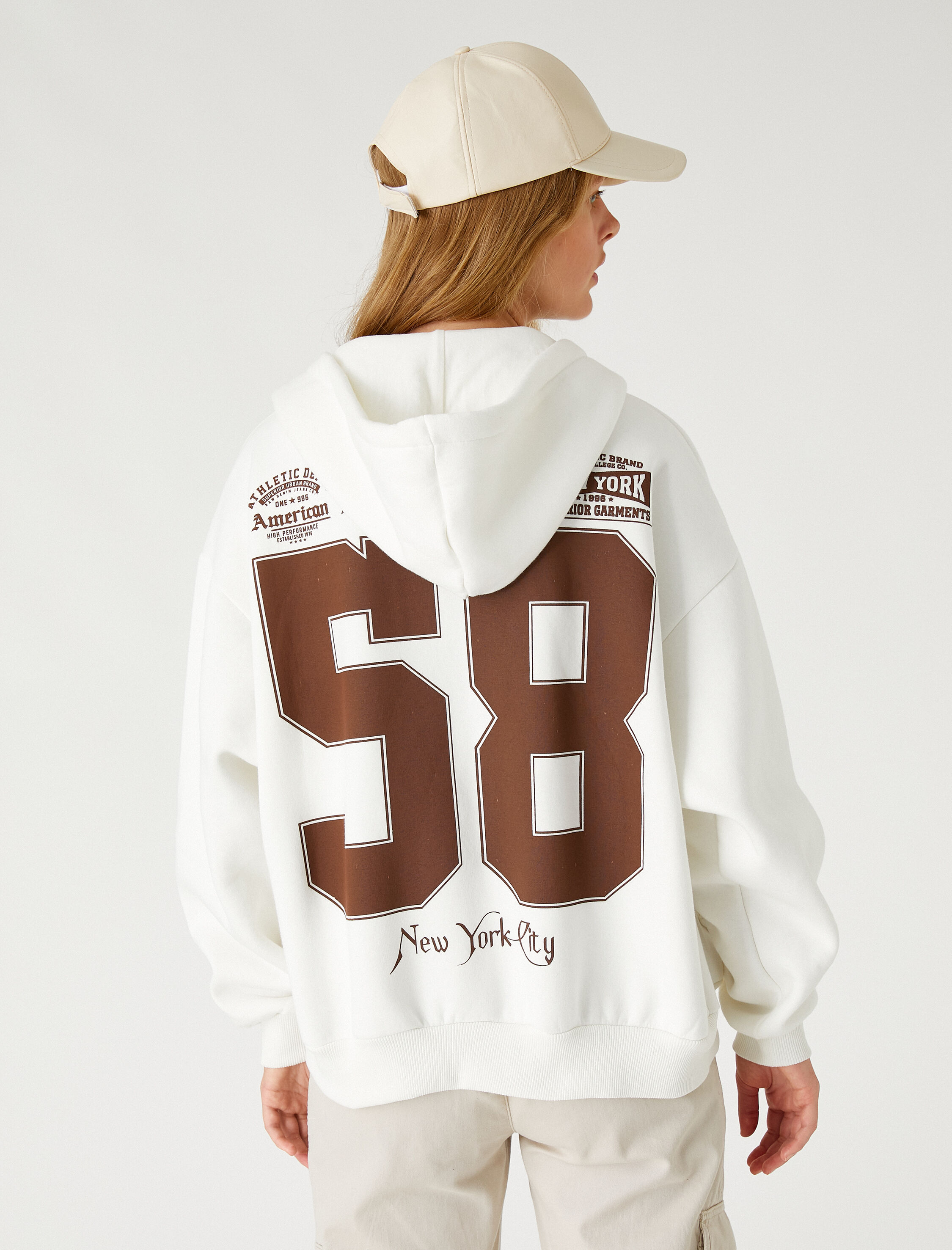   Oversize Kolej Sweatshirt Fermuarlı Baskılı Kapüşonlu İçi Polarlı