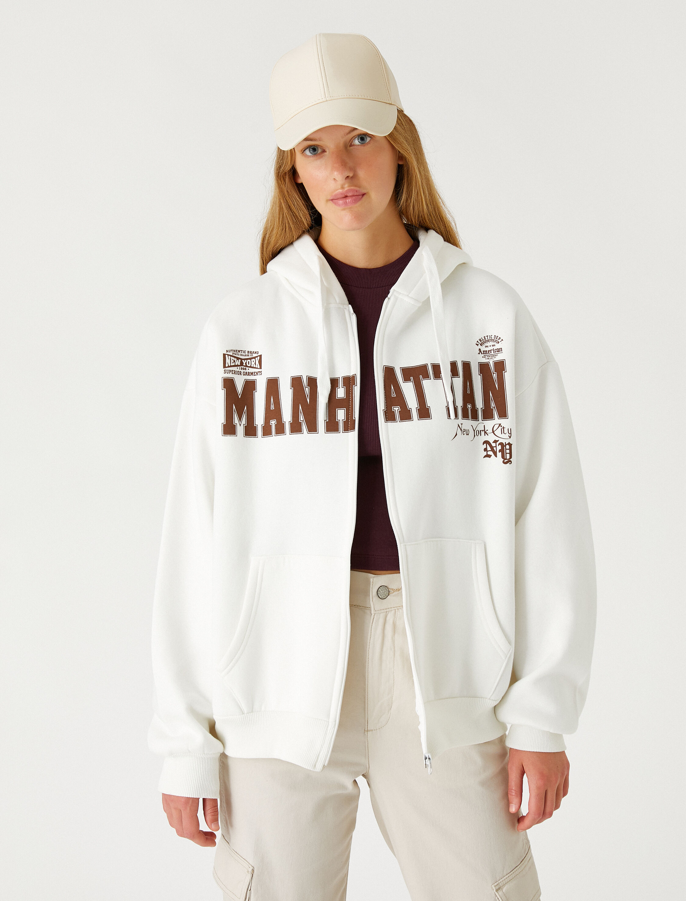   Oversize Kolej Sweatshirt Fermuarlı Baskılı Kapüşonlu İçi Polarlı