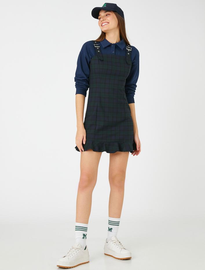  Salopet Elbise Kareli Askıları Toka Detaylı Fırfırlı