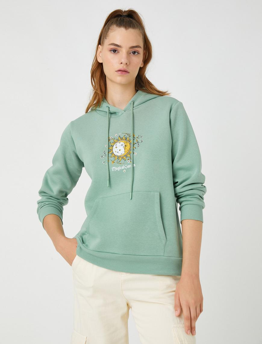   Baskılı Sweatshirt Kapüşonlu Kanguru Cepli İçi Polarlı
