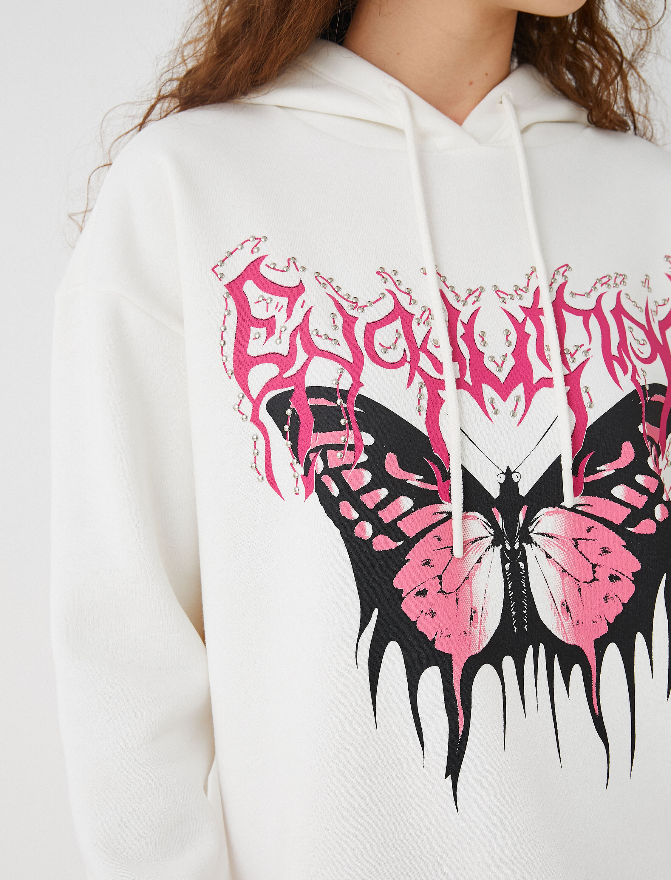   Oversize Baskılı Sweatshirt Kapüşonlu İçi Polarlı