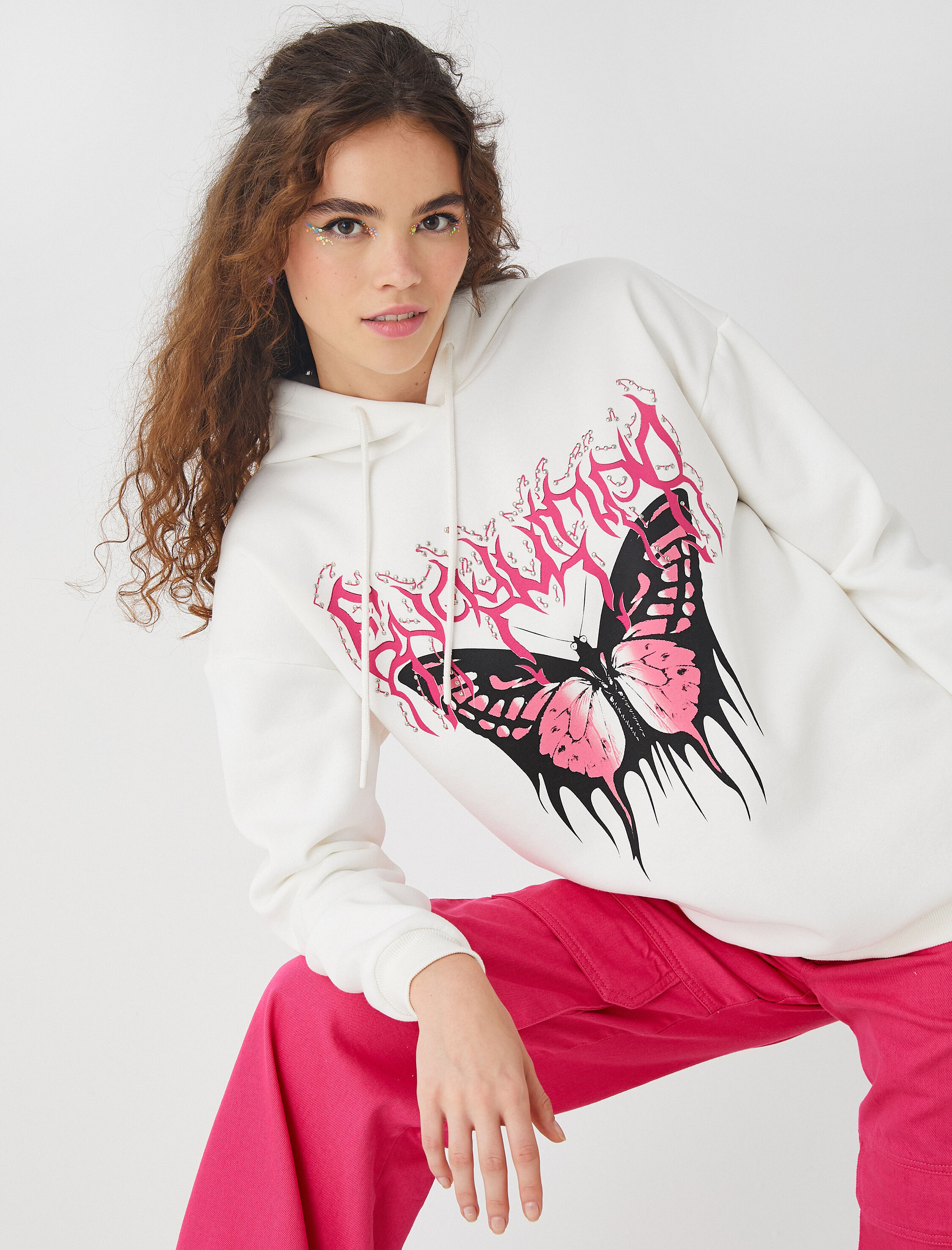   Oversize Baskılı Sweatshirt Kapüşonlu İçi Polarlı