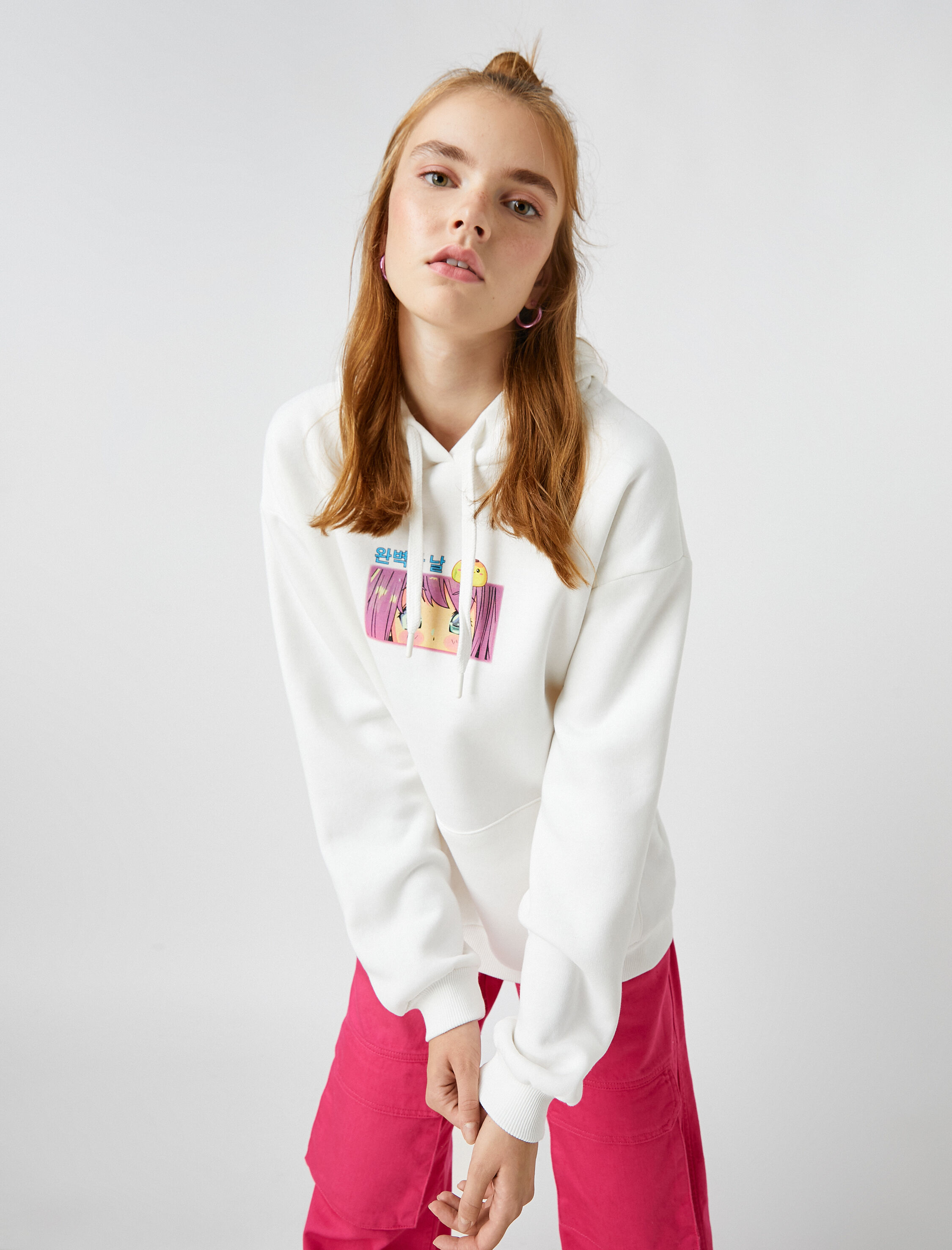   Anime Sweatshirt Oversize Kapüşonlu Cepli İçi Polarlı