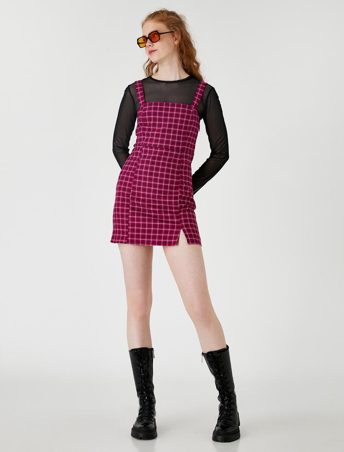  Kare Yaka Mini Elbise Yırtmaçlı
