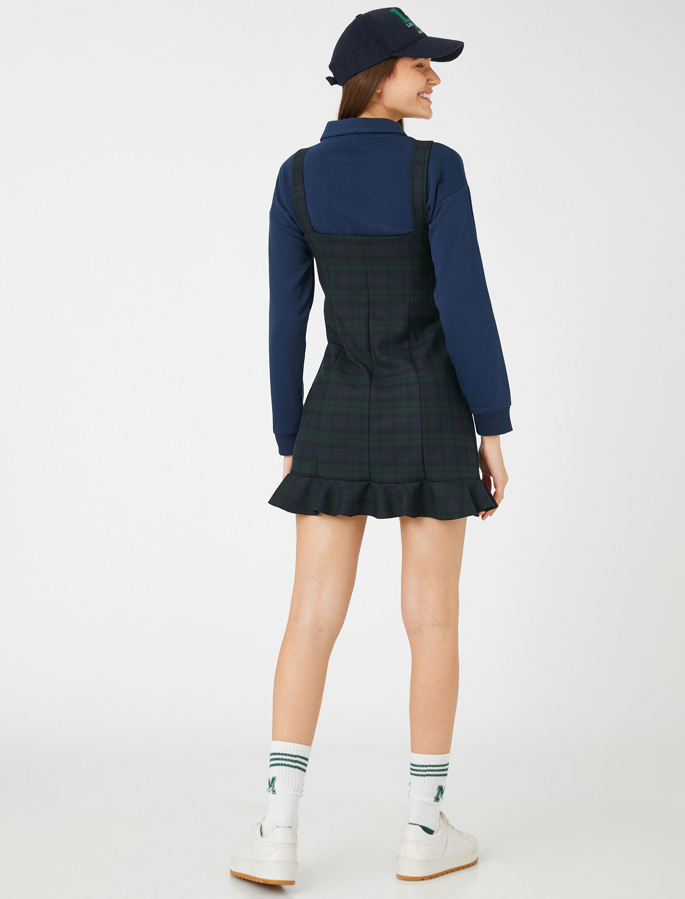   Salopet Elbise Kareli Askıları Toka Detaylı Fırfırlı