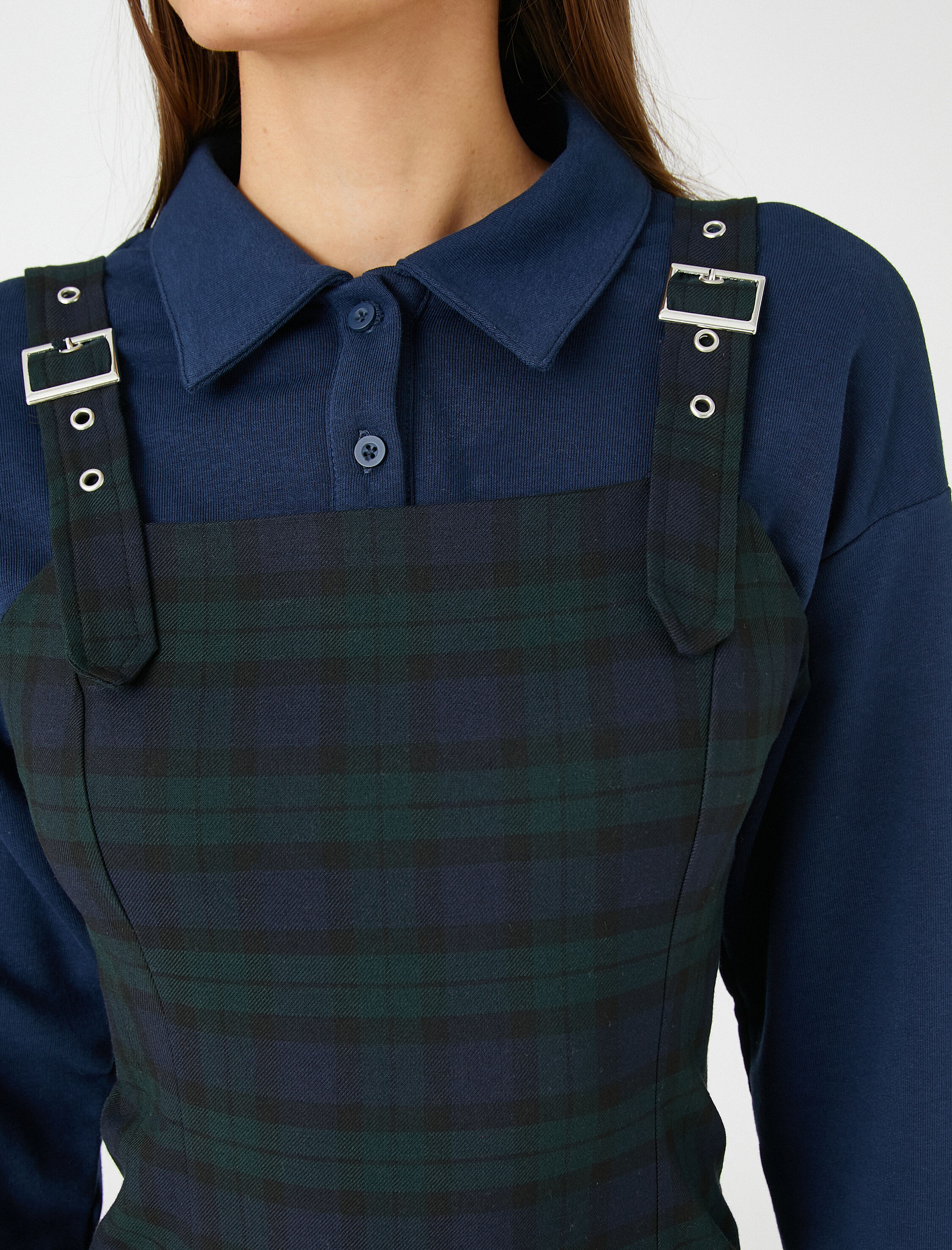   Salopet Elbise Kareli Askıları Toka Detaylı Fırfırlı