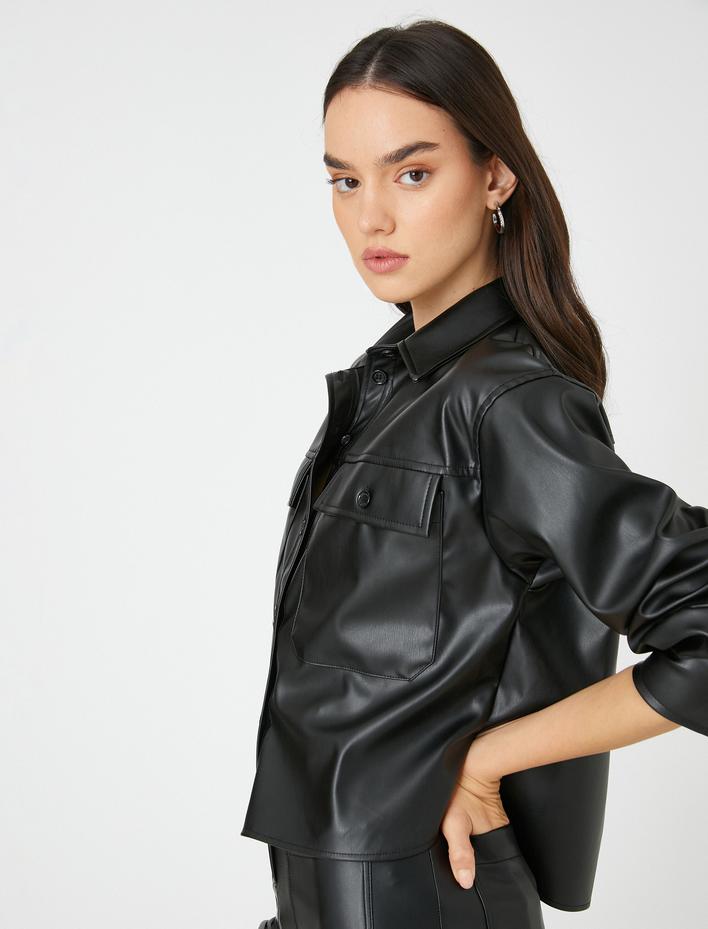  Suni Deri Crop Shacket Cepli Düğmeli