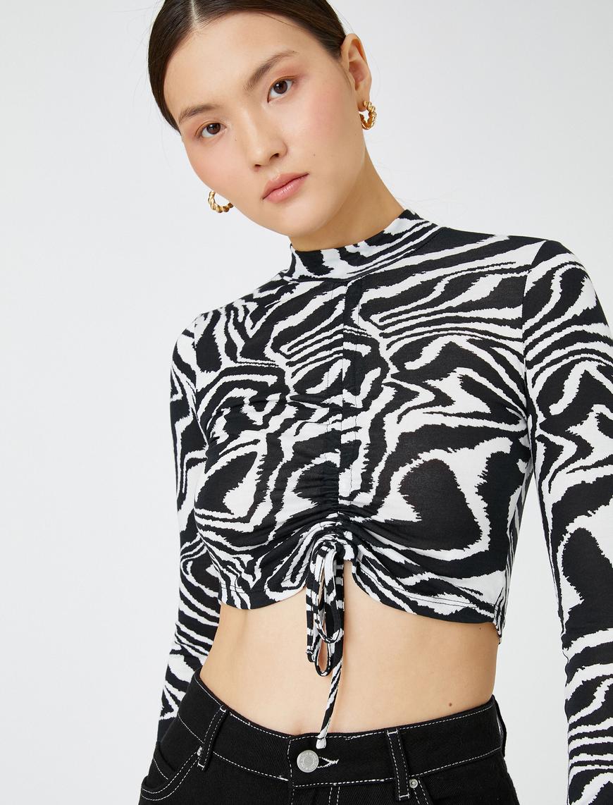   Zebra Desenli Büzgülü Uzun Kollu Crop Tişört