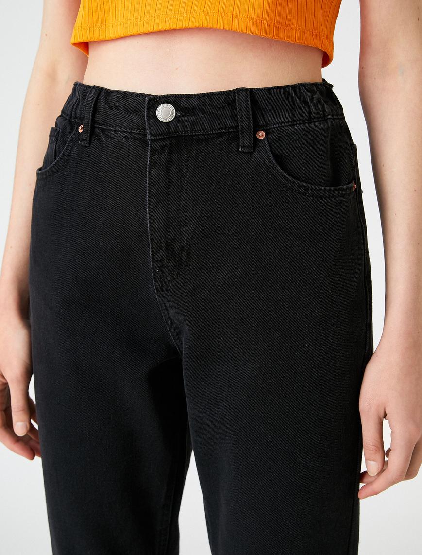   Beli Lastikli Rahat Kesim Yüksek Bel Dar Paça Kot Pantolon- Baggy Jean