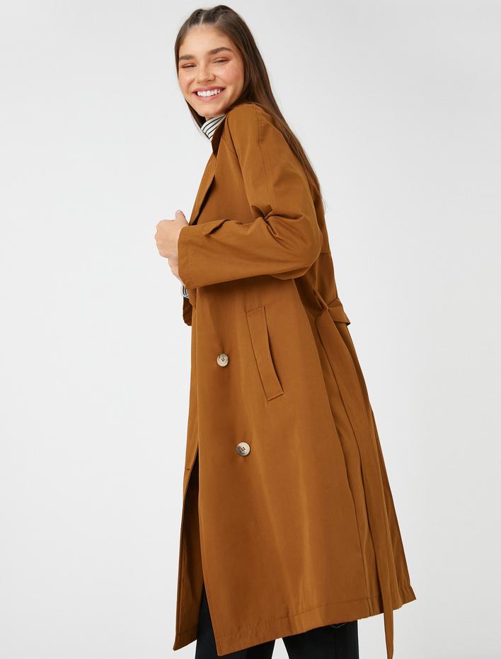  Midi Trençkot Beli Kuşaklı Düğme Detaylı