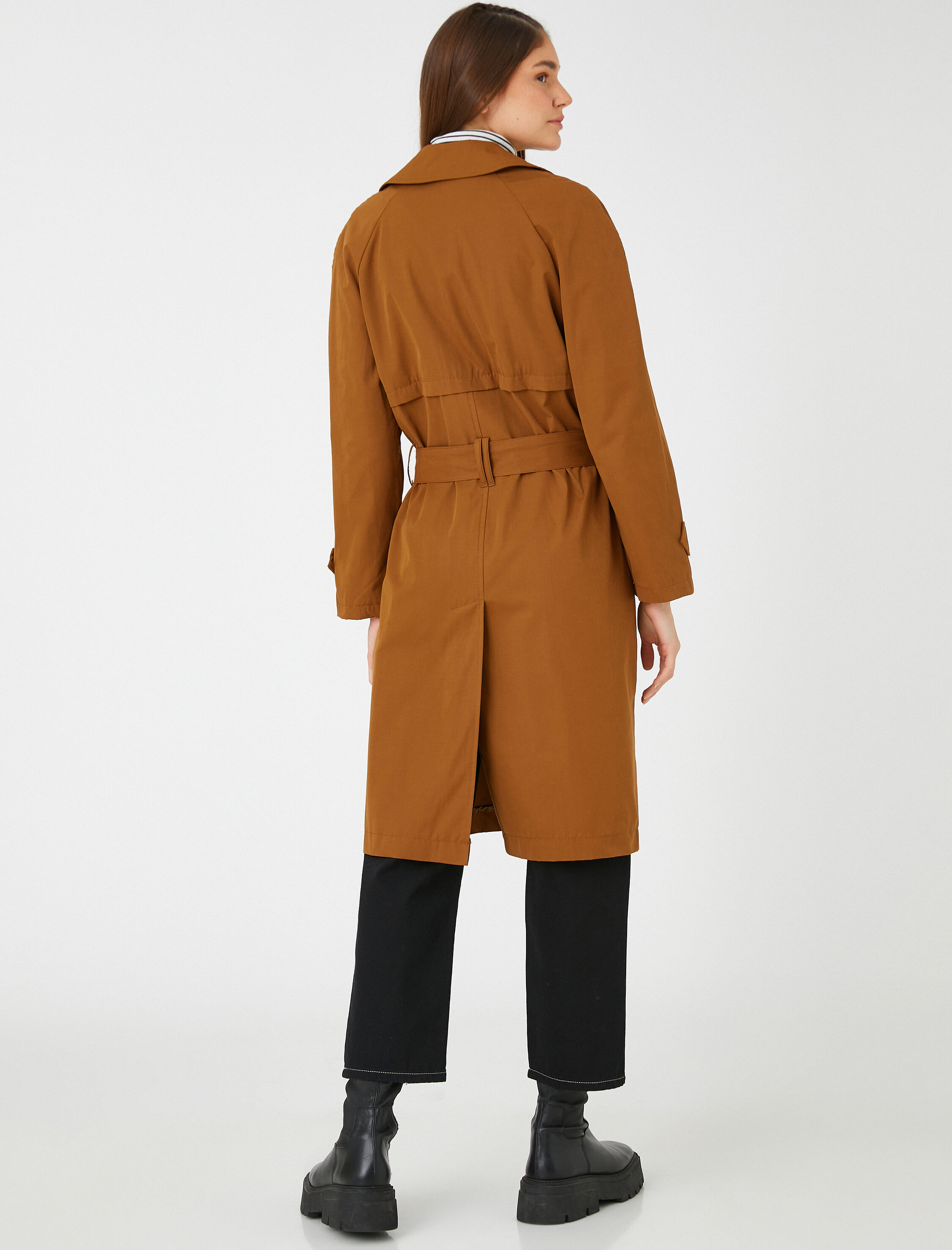   Midi Trençkot Beli Kuşaklı Düğme Detaylı