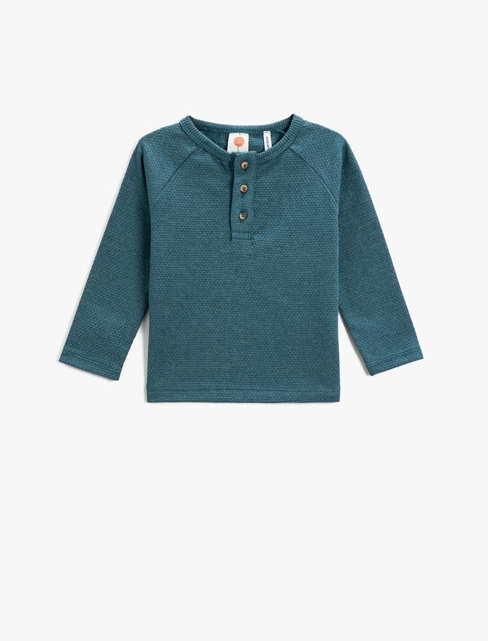 Erkek Bebek Basic Düğme Detaylı Uzun Kollu Tişört Bisiklet Yaka