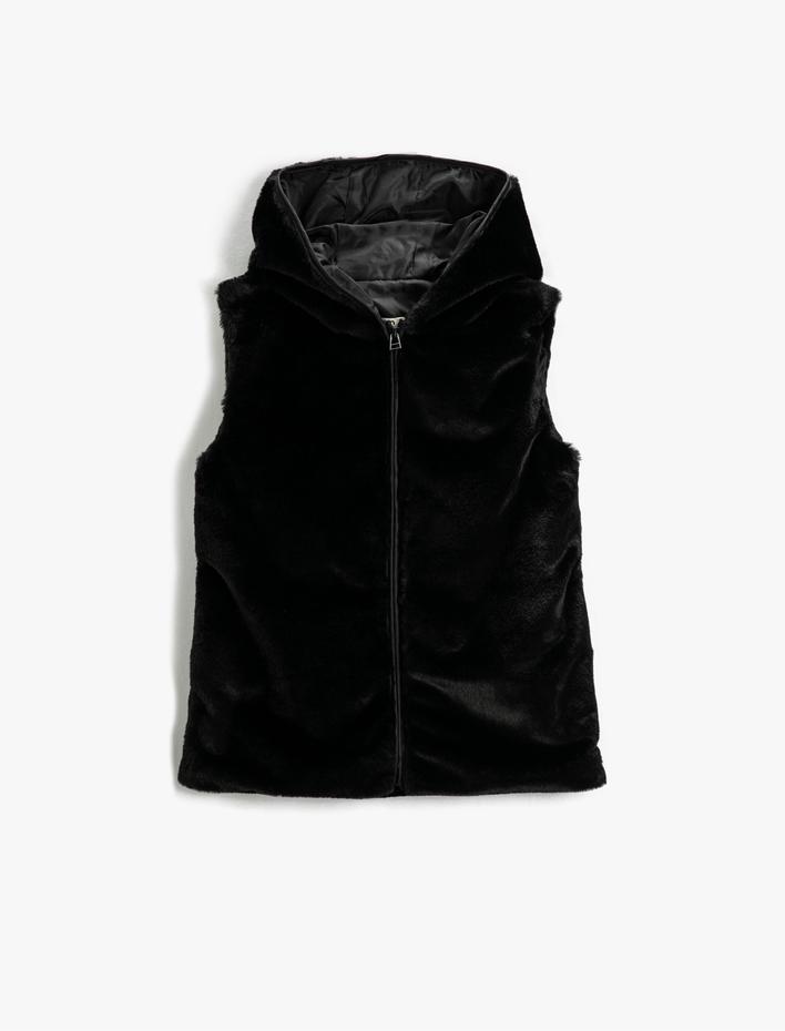 Kız Çocuk Basic Peluş Yelek Kapüşonlu