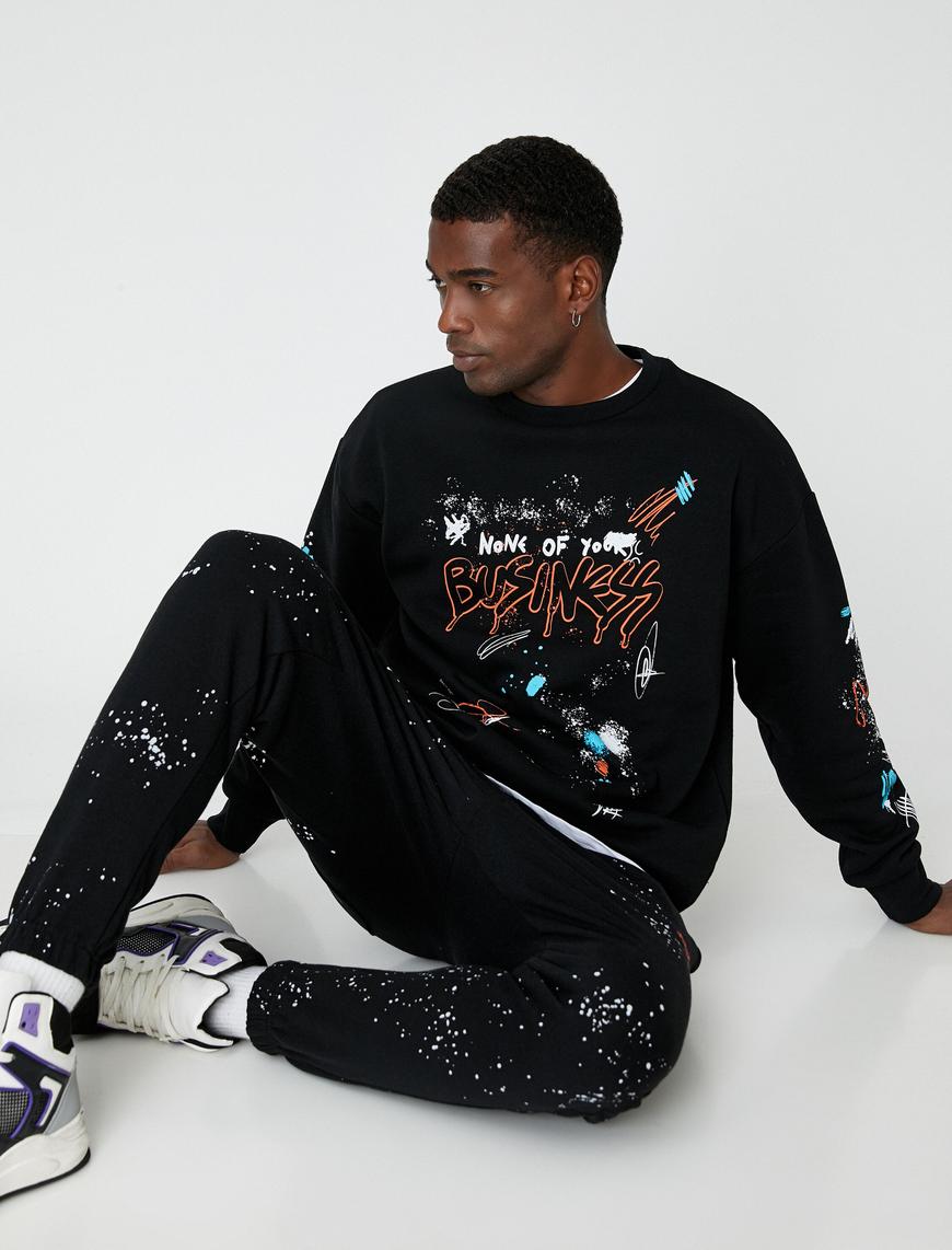  Grafiti Baskılı Oversize Sweatshirt Şardonlu Bisiklet Yaka