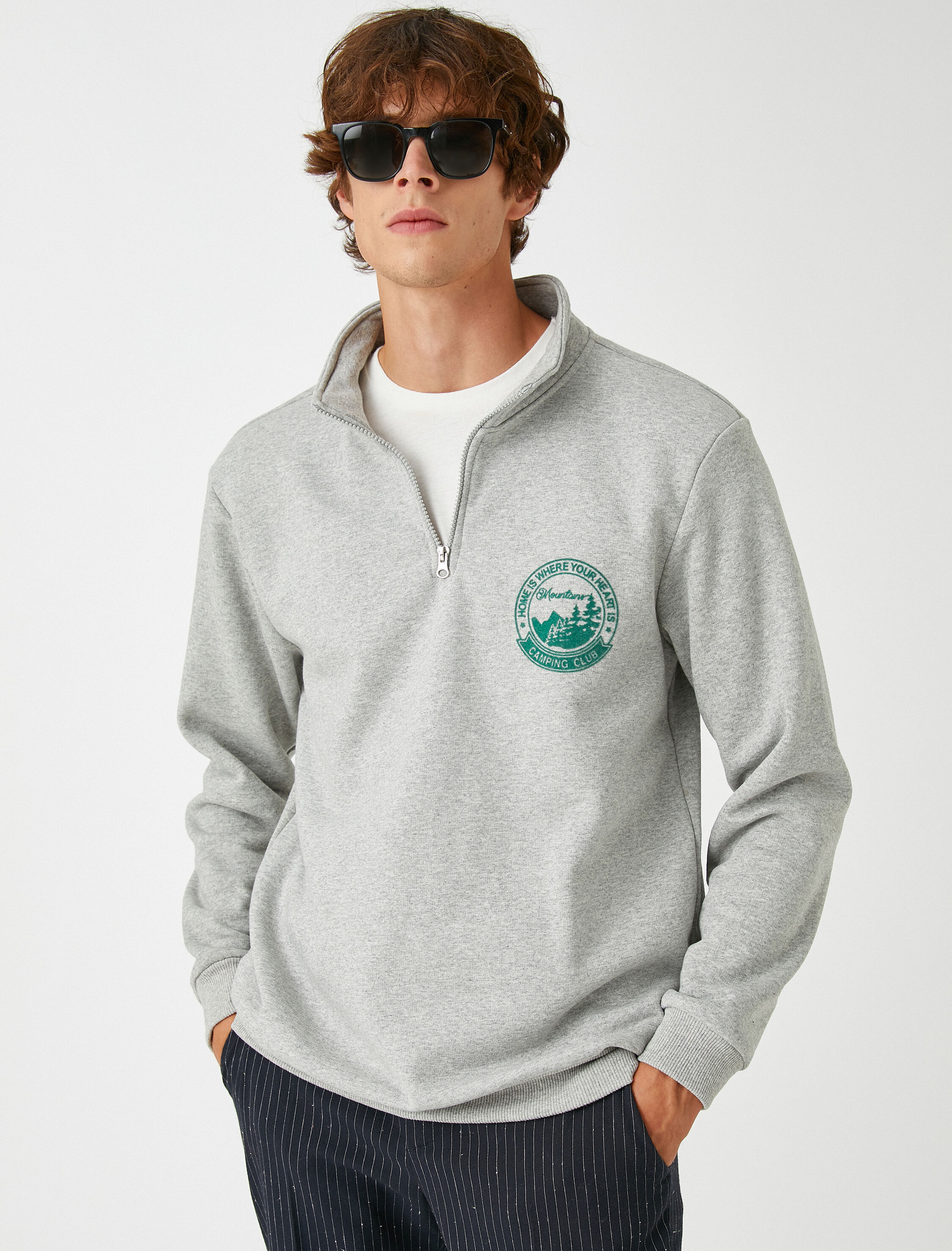   Manzara Baskılı Sweatshirt Şardonlu Dik Yaka Fermuarlı