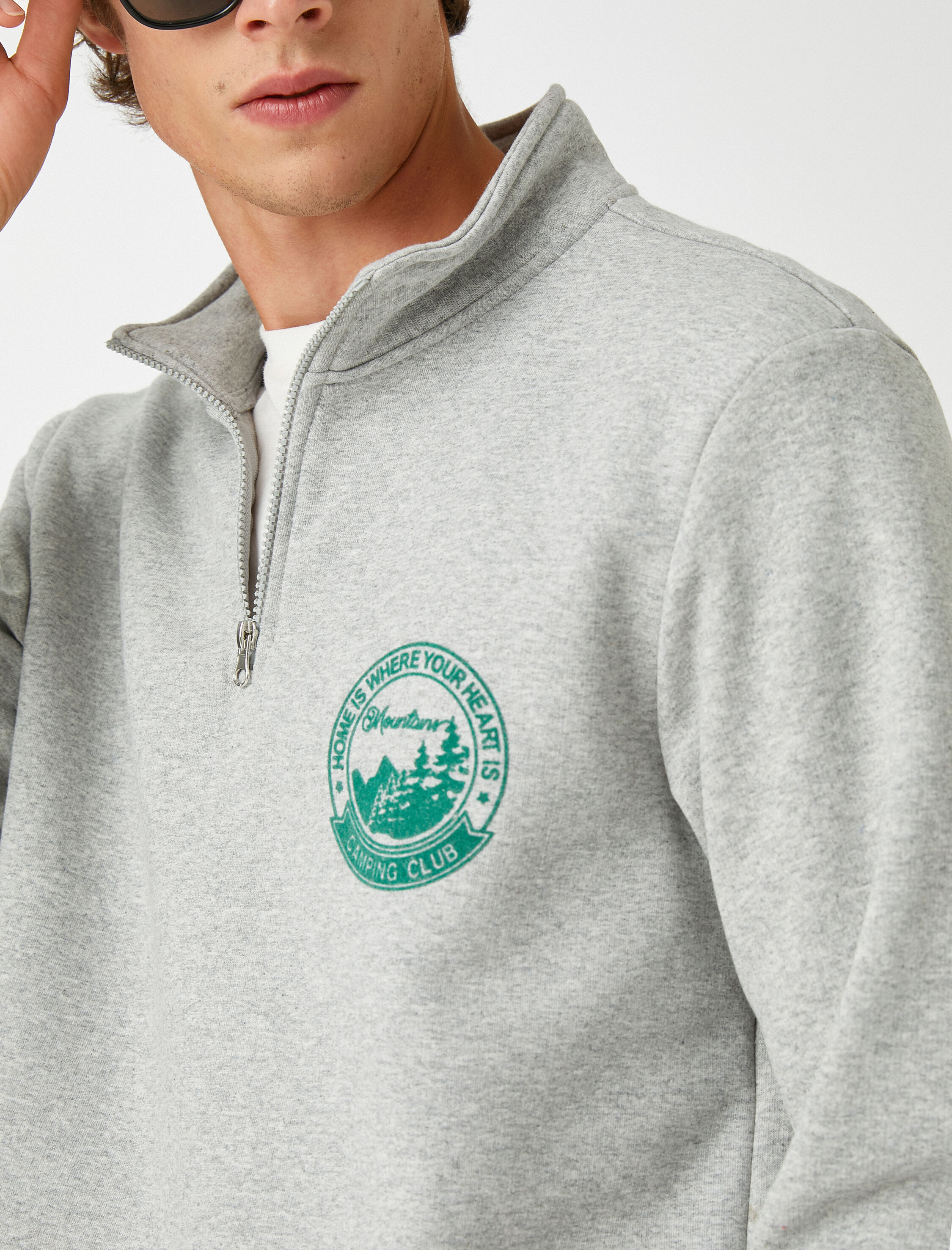   Manzara Baskılı Sweatshirt Şardonlu Dik Yaka Fermuarlı