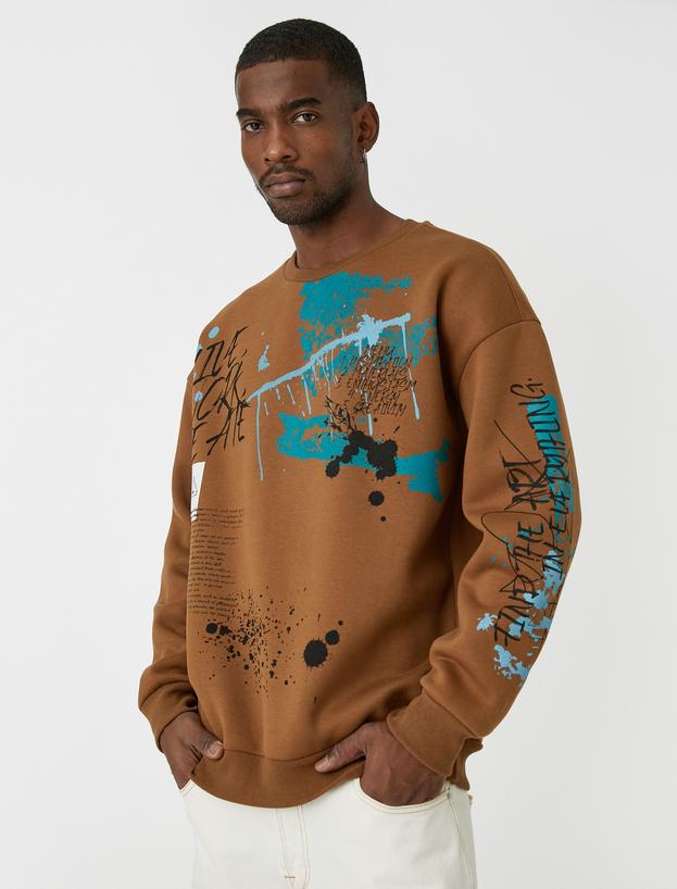   Oversize Sweatshirt Slogan Baskılı Şardonlu Bisiklet Yaka