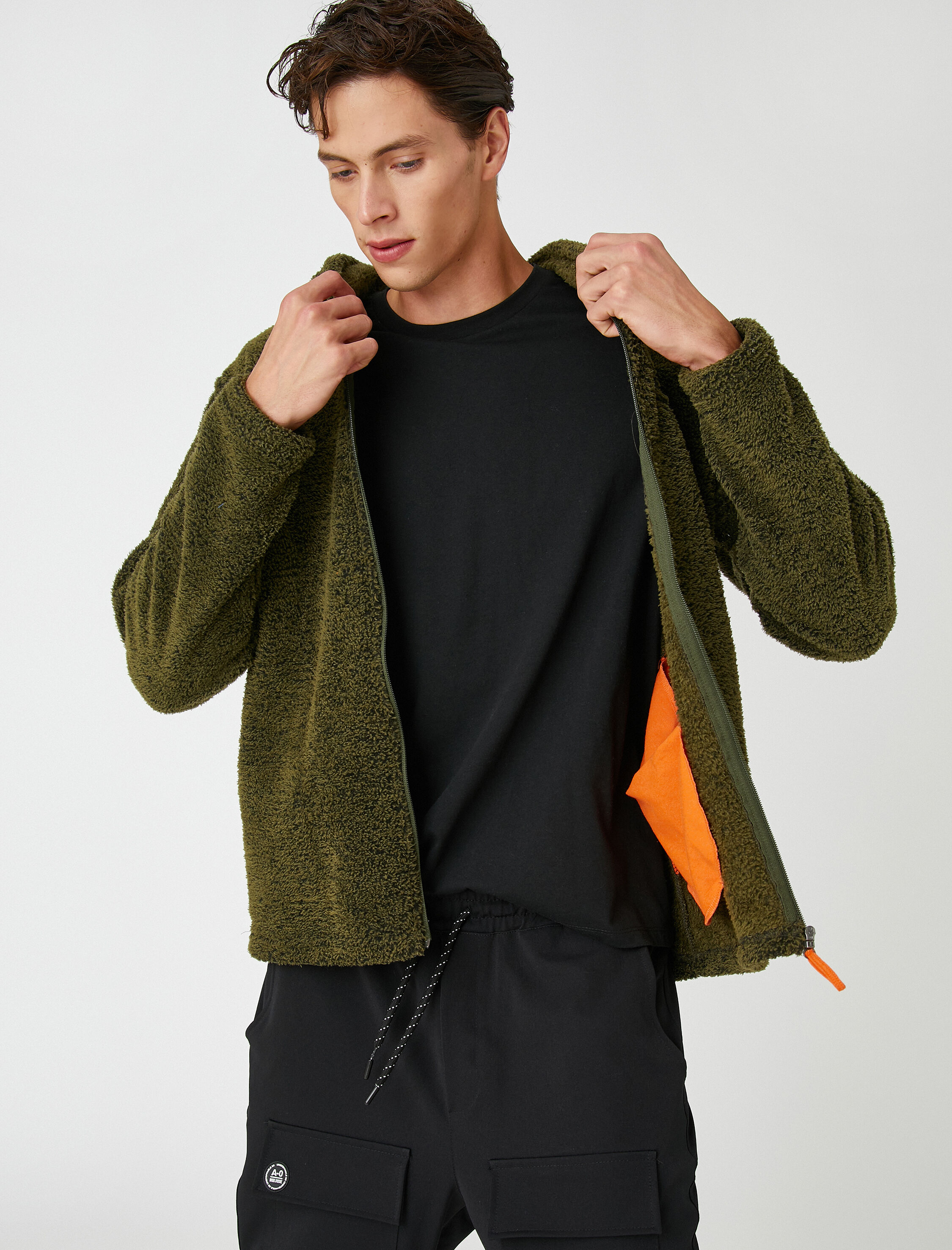   Peluş Kapşonlu Sweatshirt Fermuarlı Slogan İşlemeli