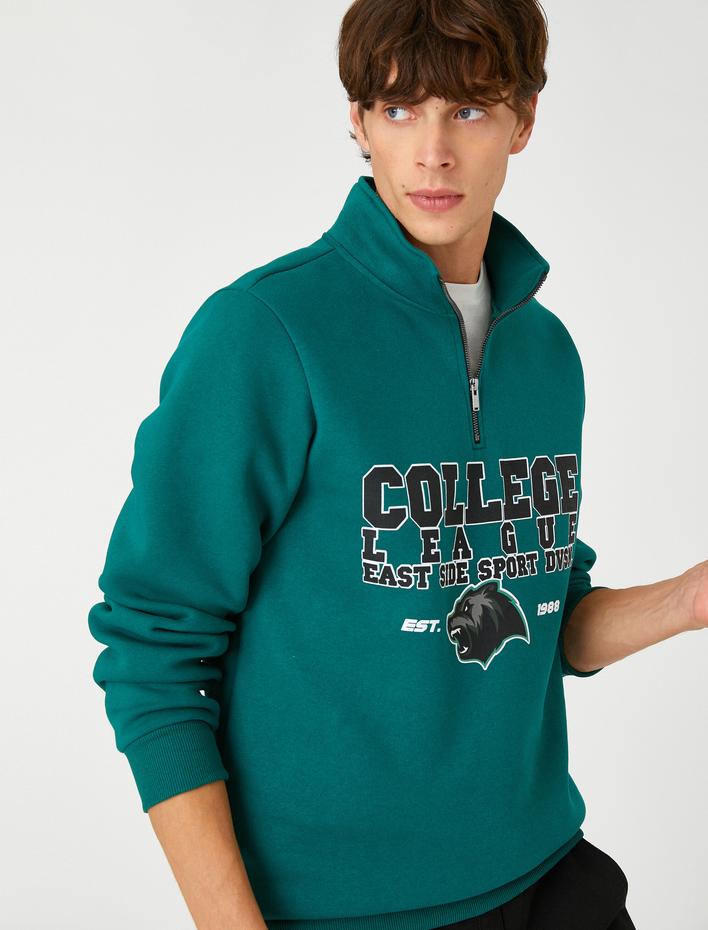  Kolej Sweatshirt Şardonlu Dik Yaka Yarım Fermuarlı Baskılı