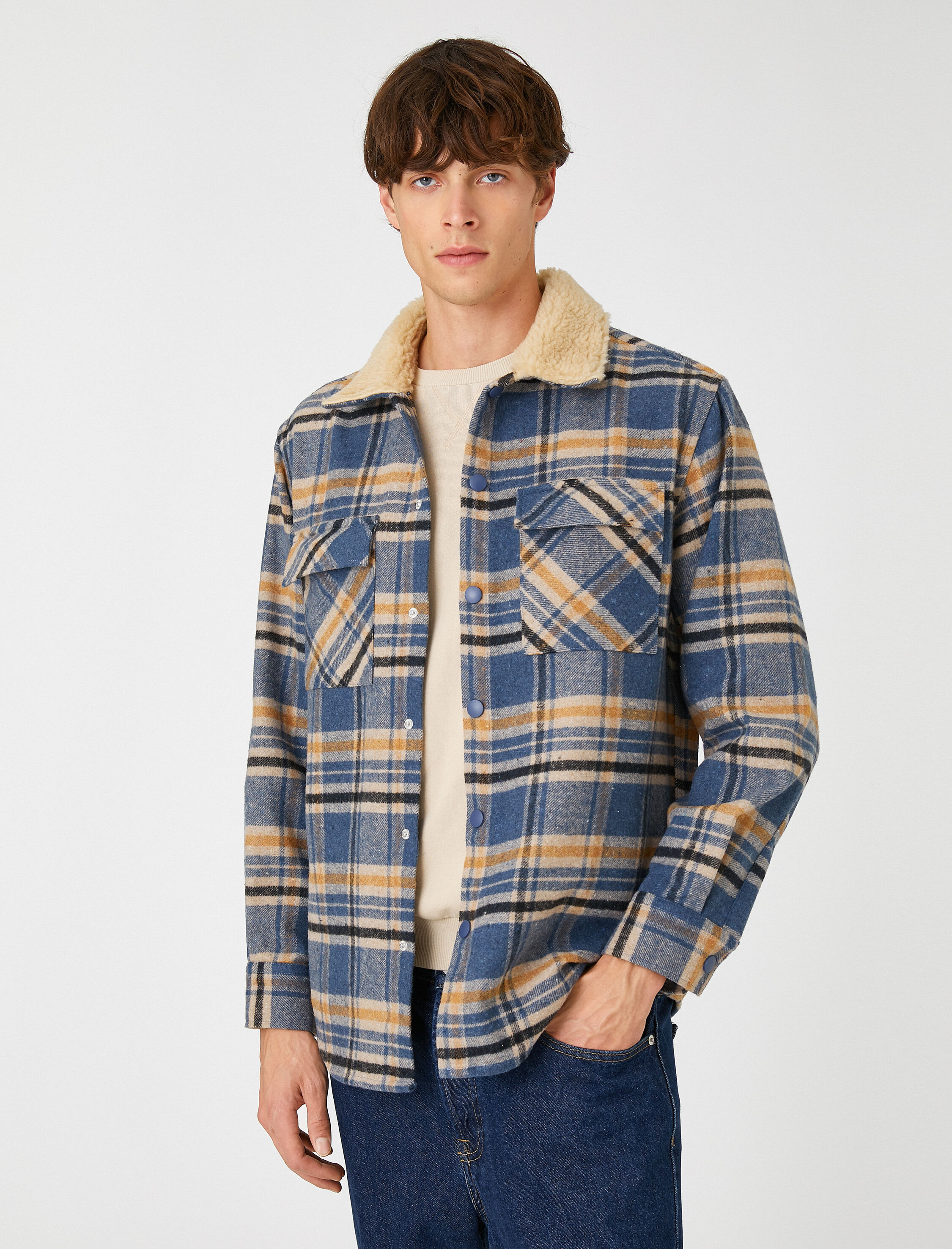   Ekoseli Oduncu Gömleği Çıtçıtlı Cepli Yaka Detaylı