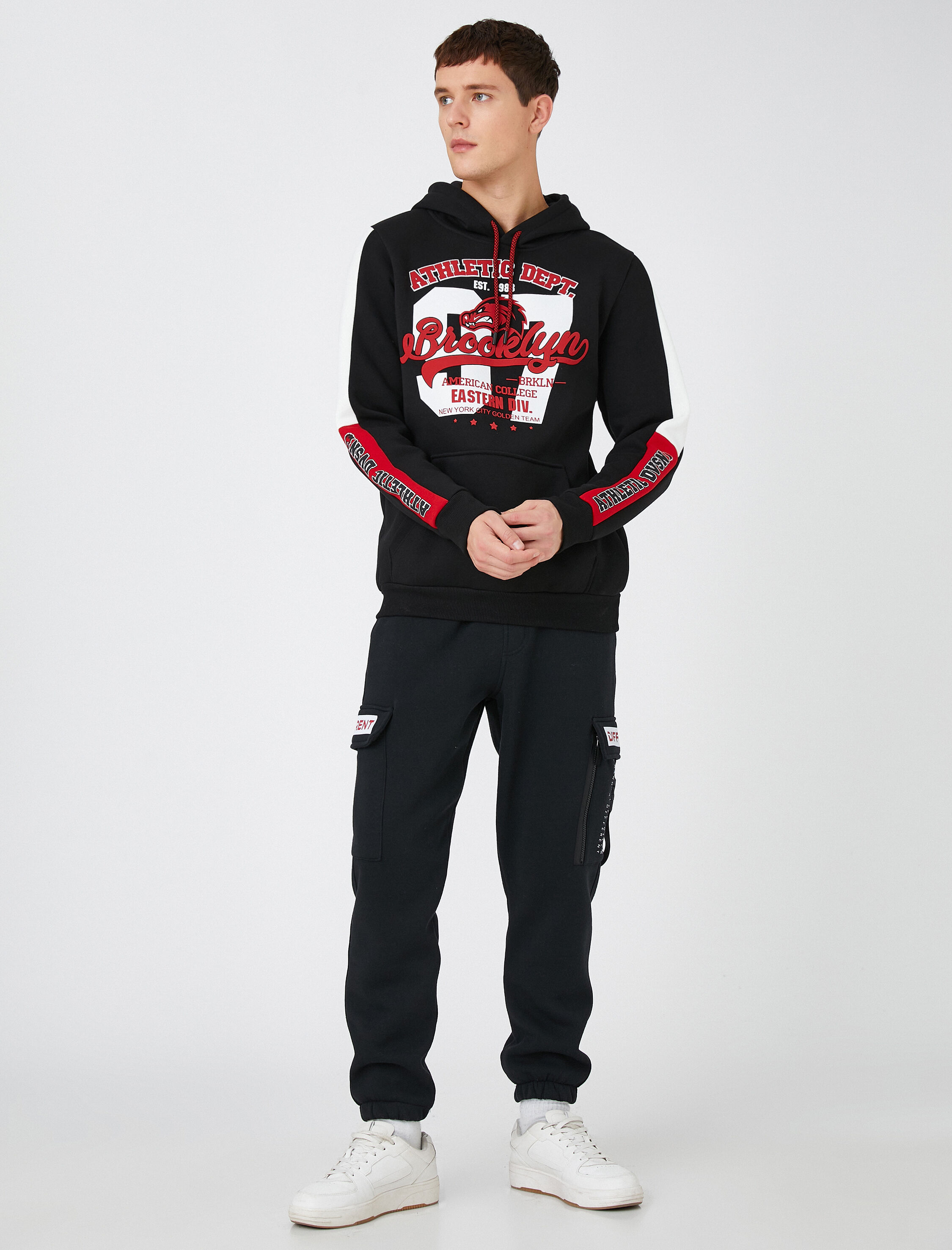   Kolej Kapşonlu Sweatshirt Şardonlu Uzun Kollu Cepli Basketbol Baskılı