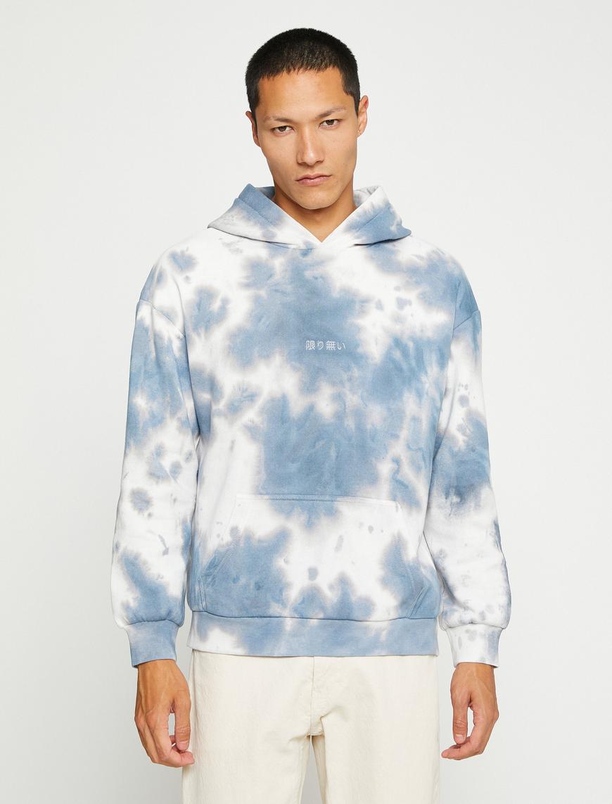   Kapşonlu Oversize Sweatshirt Şardonlu Uzakdoğu İşlemeli Soyut Desenli Cepli