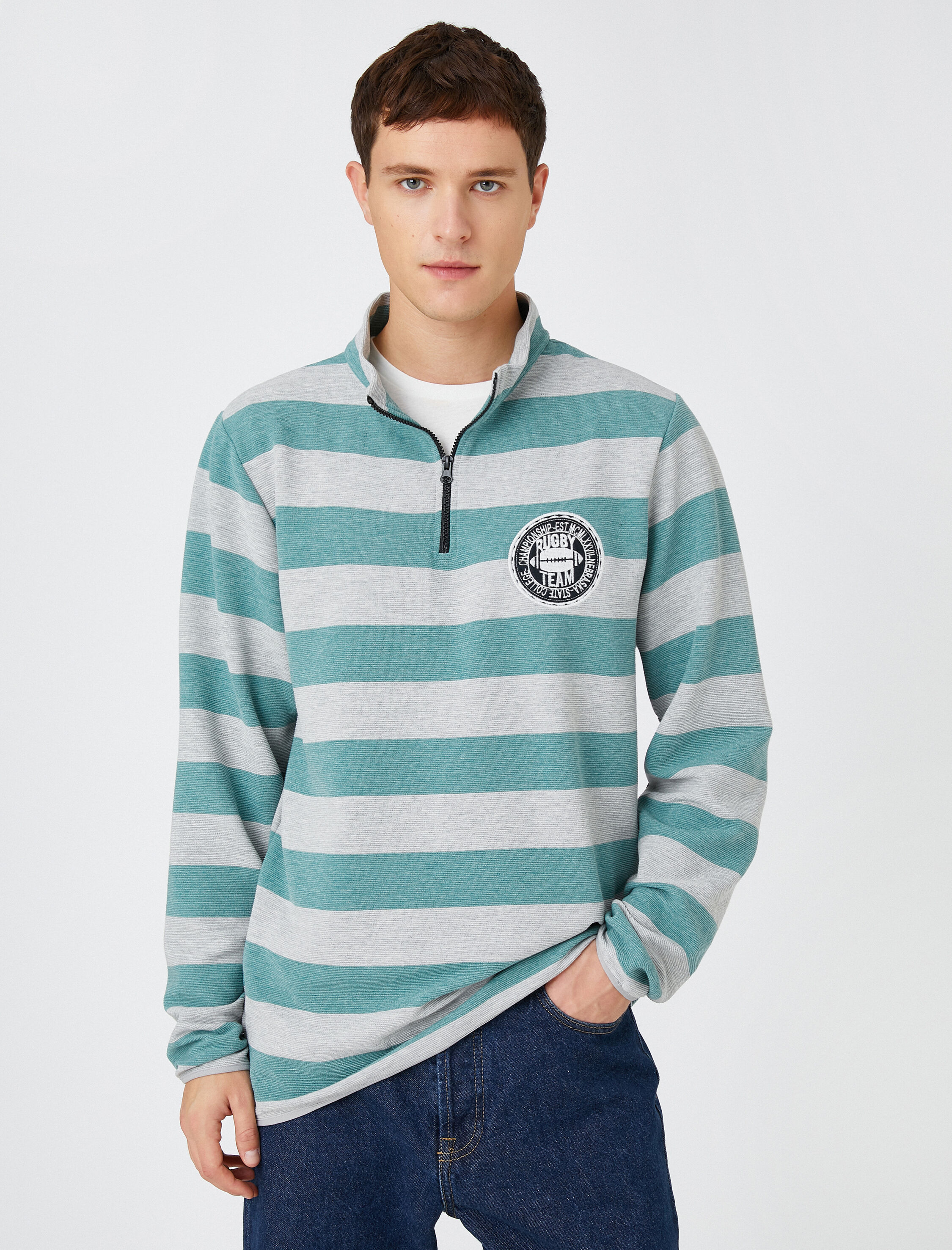   Kolej Sweatshirt Şardonlu Dik Yaka Fermuar Detaylı Renk Bloklu