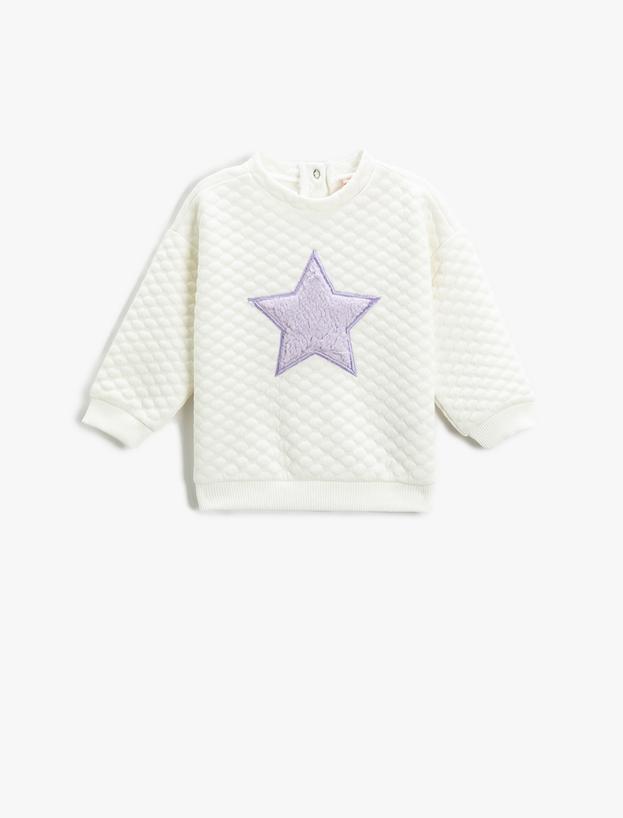  Kız Bebek Kapitone Sweatshirt Yumuşak Dokulu Peluş Yıldız Aplike Detaylı Bisiklet Yaka
