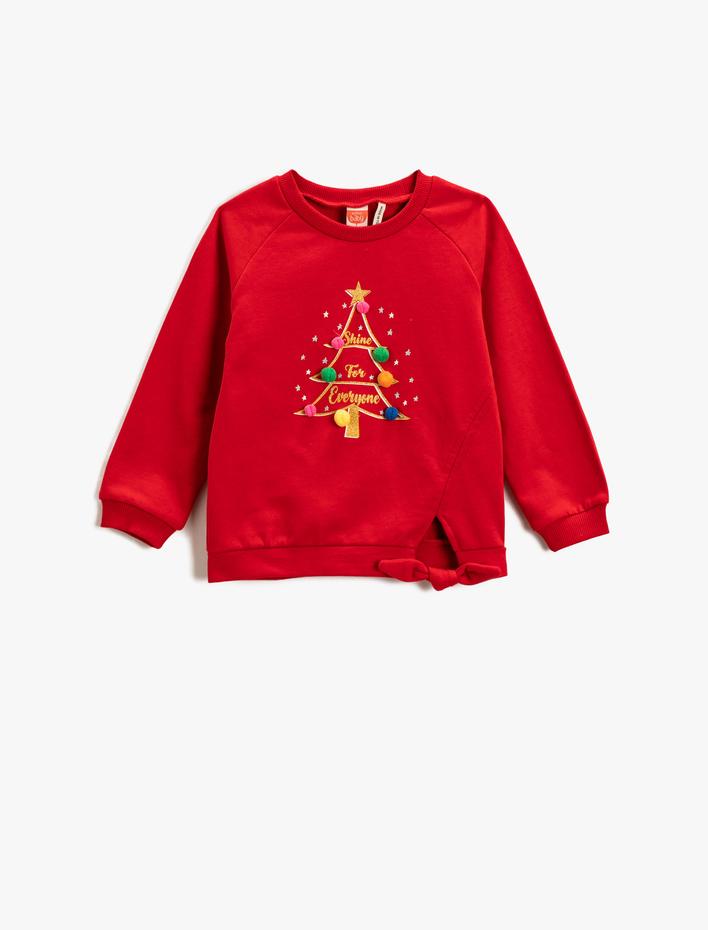 Kız Bebek Sweatshirt  Yılbaşı Temalı Ponpon Detaylı Simli Bisiklet Yaka