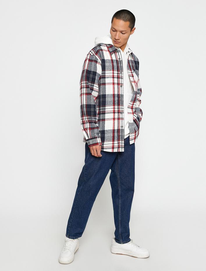  Ekoseli Oduncu Gömleği Klasik Yaka Cep Detaylı Uzun Kollu